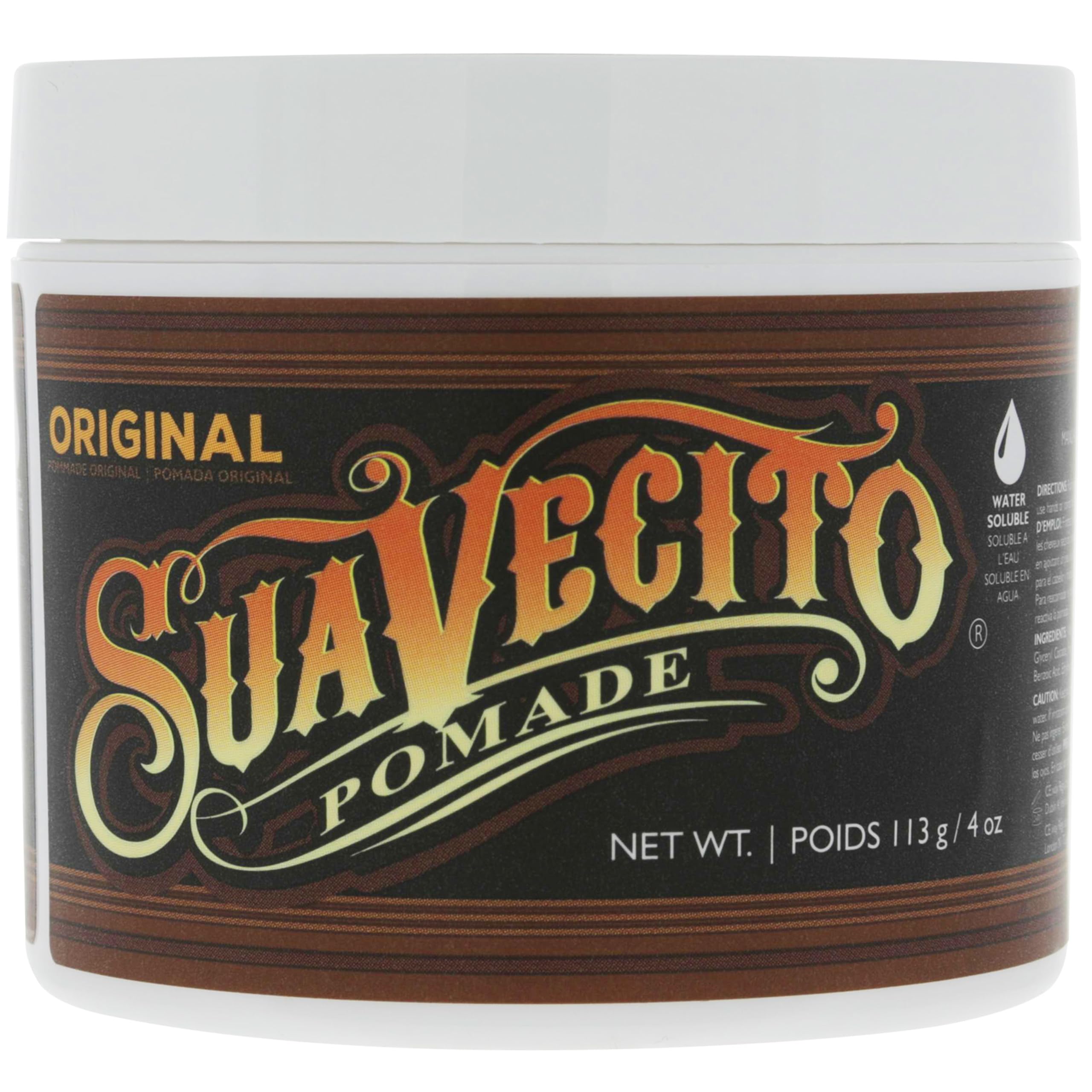 Close-up of Suavecito label showing product details and scent cues