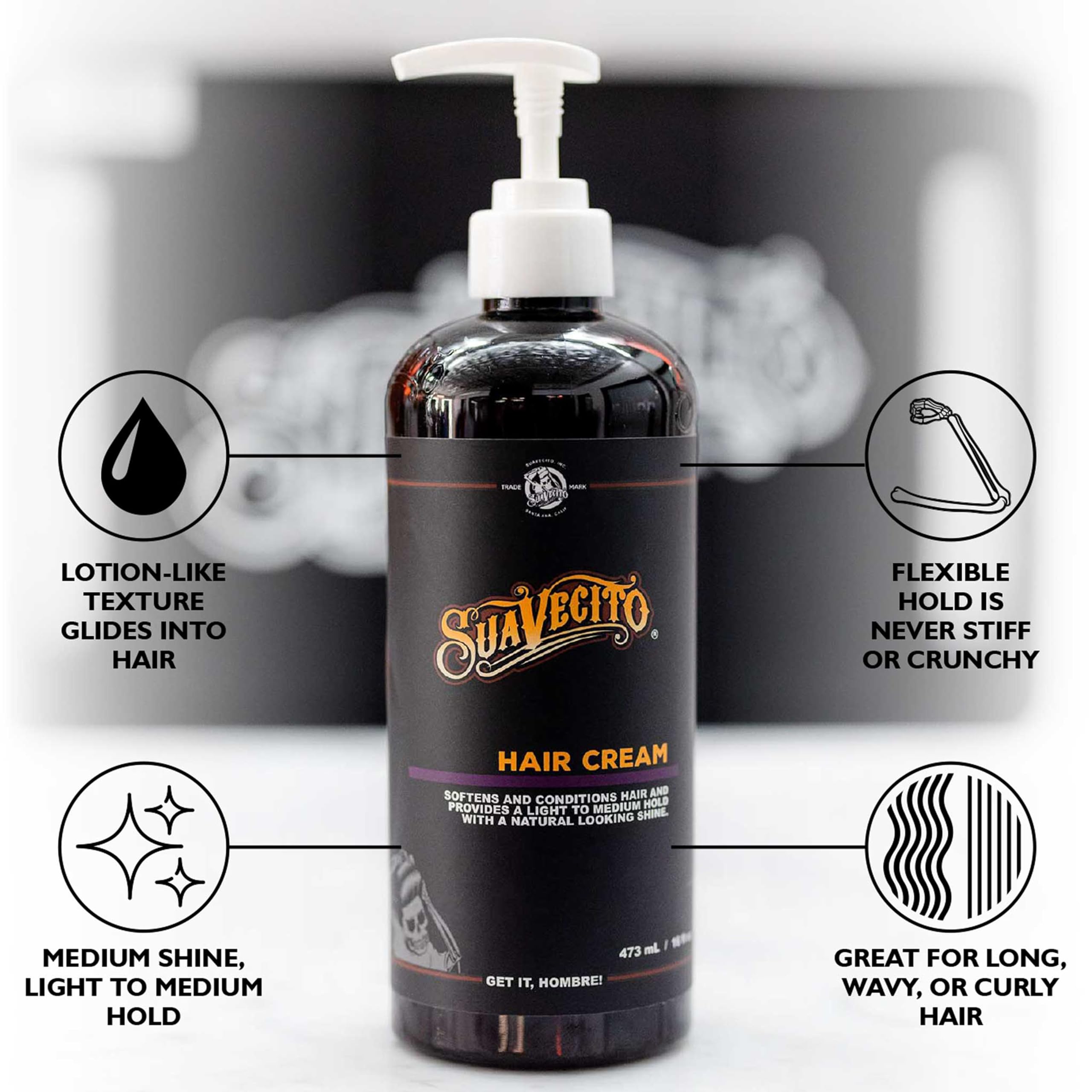 Suavecito pomade pump bottle on retail shelf showing convenient 16 oz size