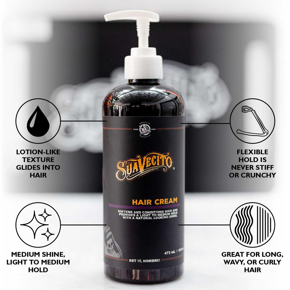 Suavecito pomade pump bottle on retail shelf showing convenient 16 oz size