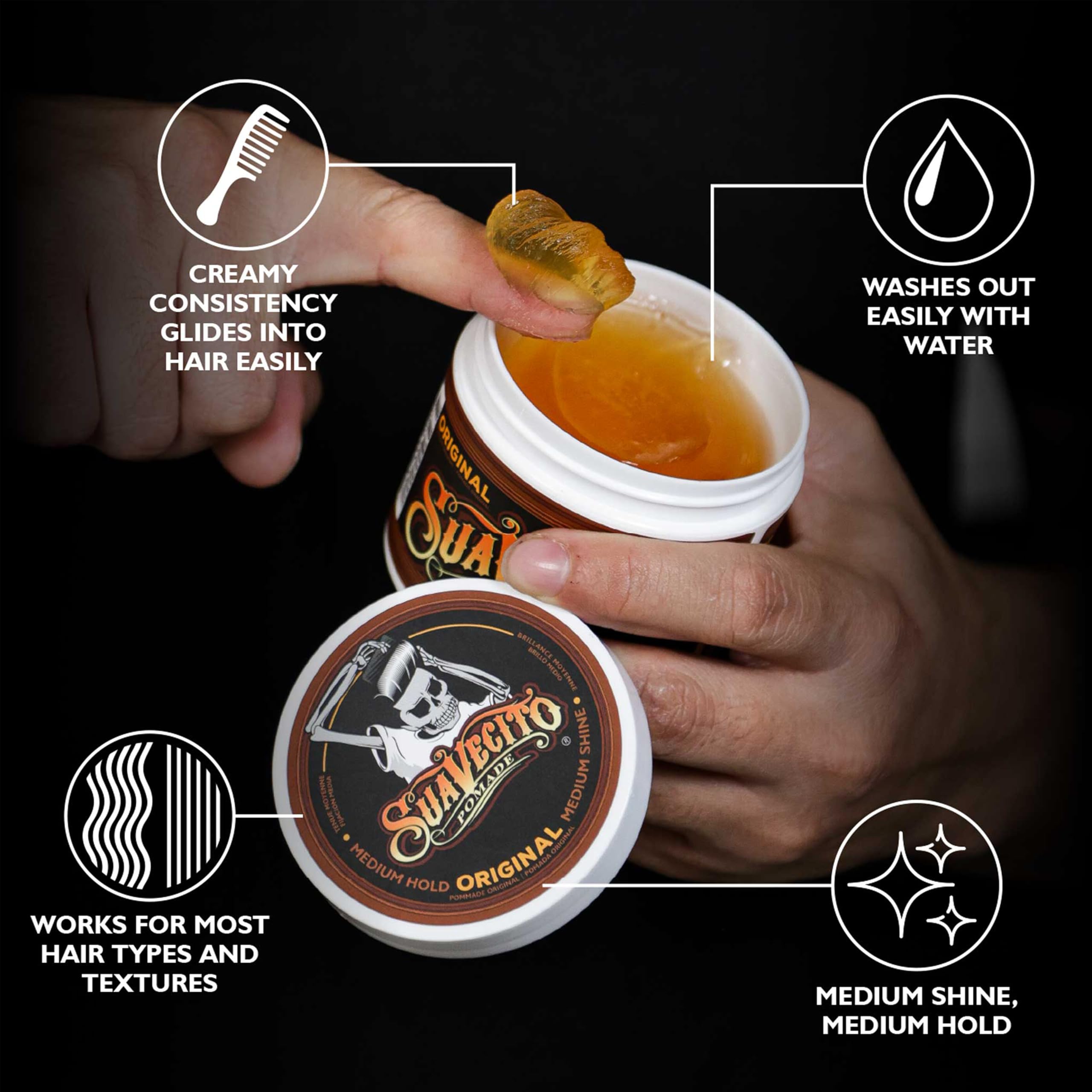 Applying Suavecito Pomade with hands for effortless control and shaping