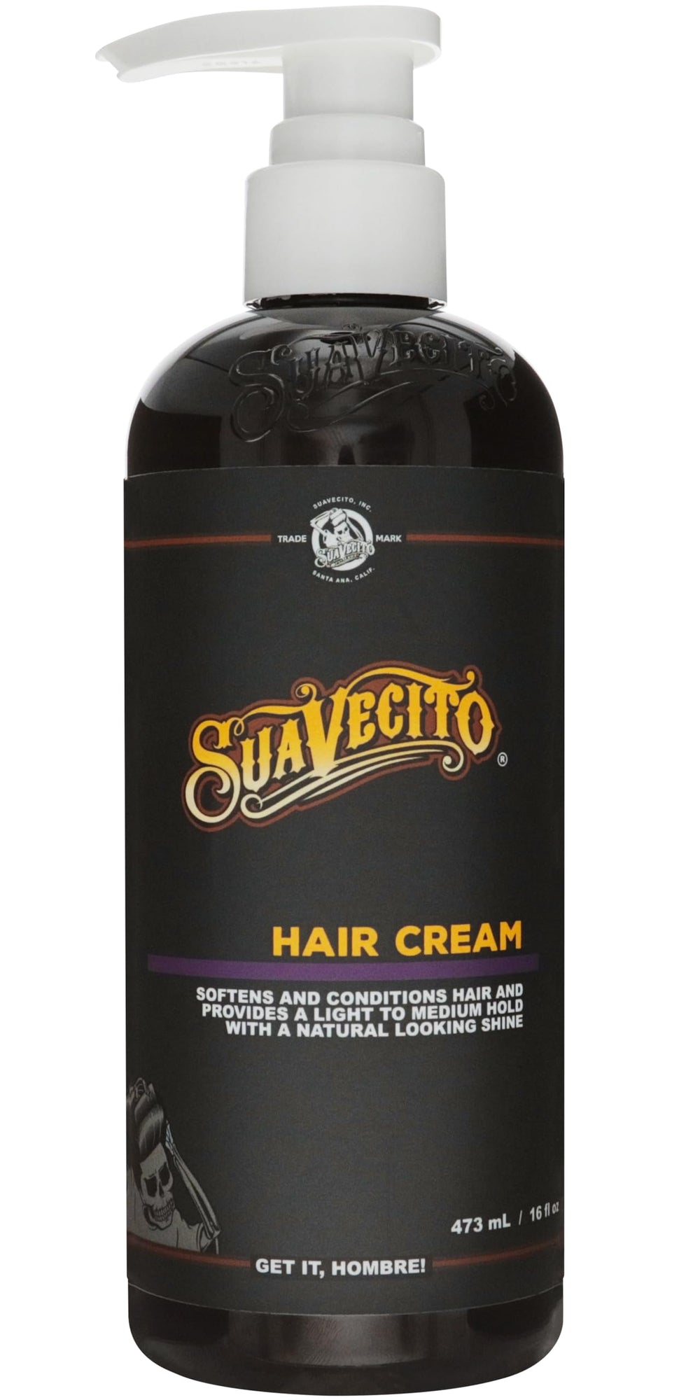 Suavecito pomade pump bottle front view showing brand and product benefits