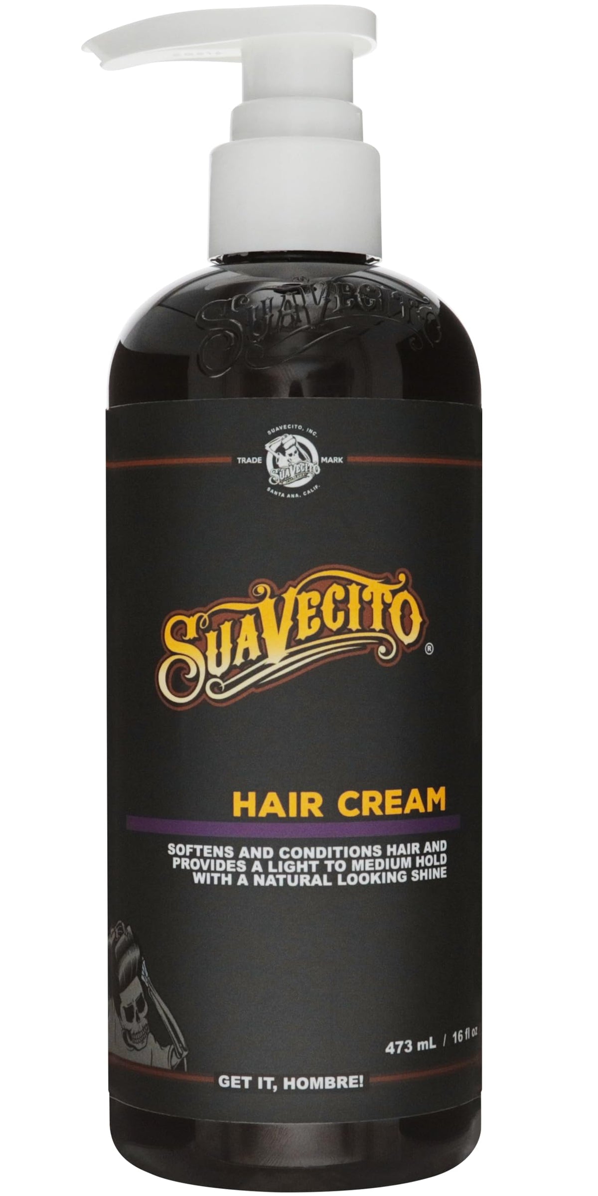 Suavecito pomade pump bottle front view showing brand and product benefits