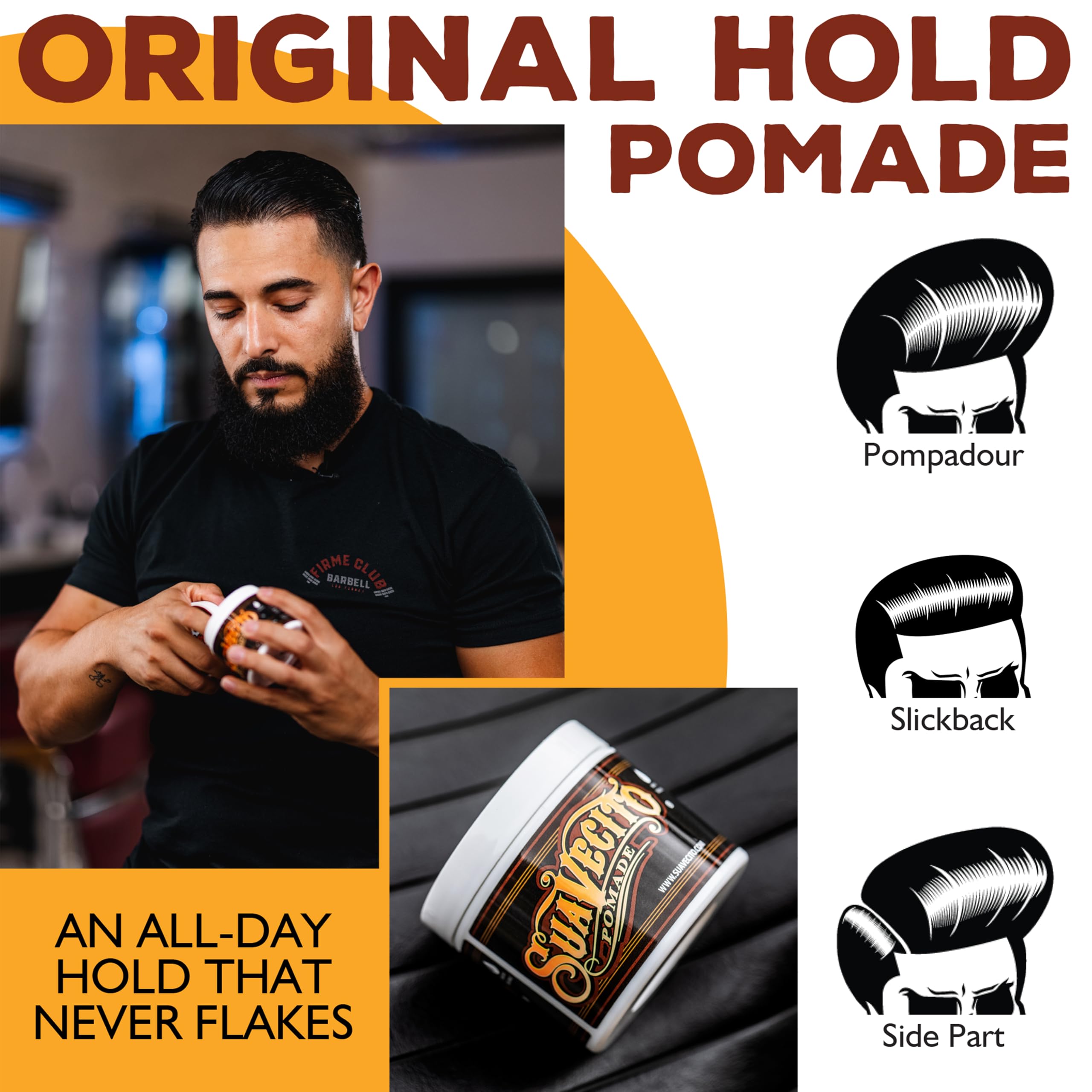 Man wearing a slick back finished with Suavecito Pomade for polished look