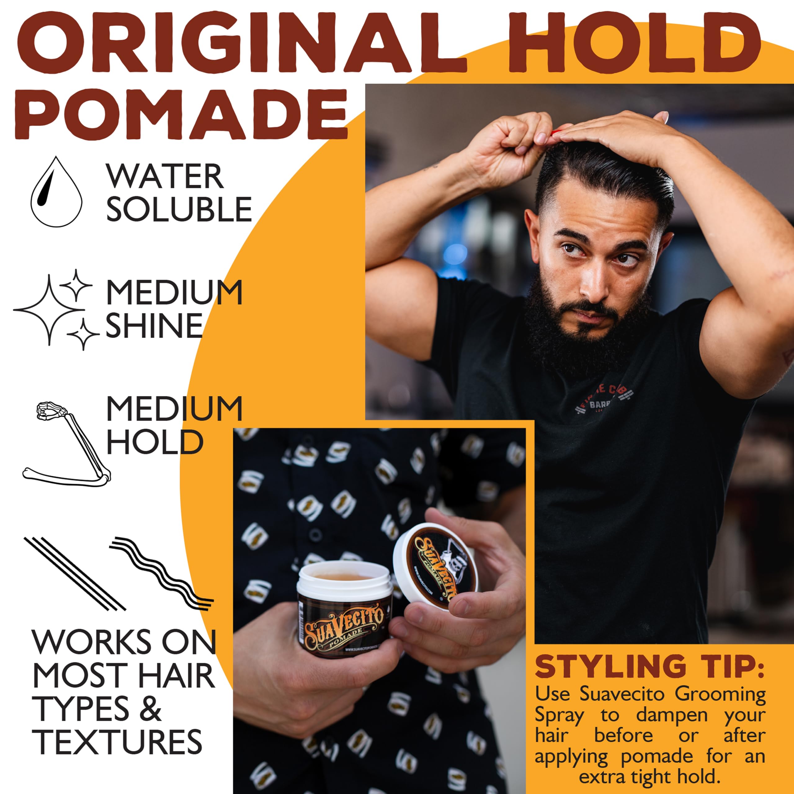 Hand holding 4 oz Suavecito Pomade tin to show portable size