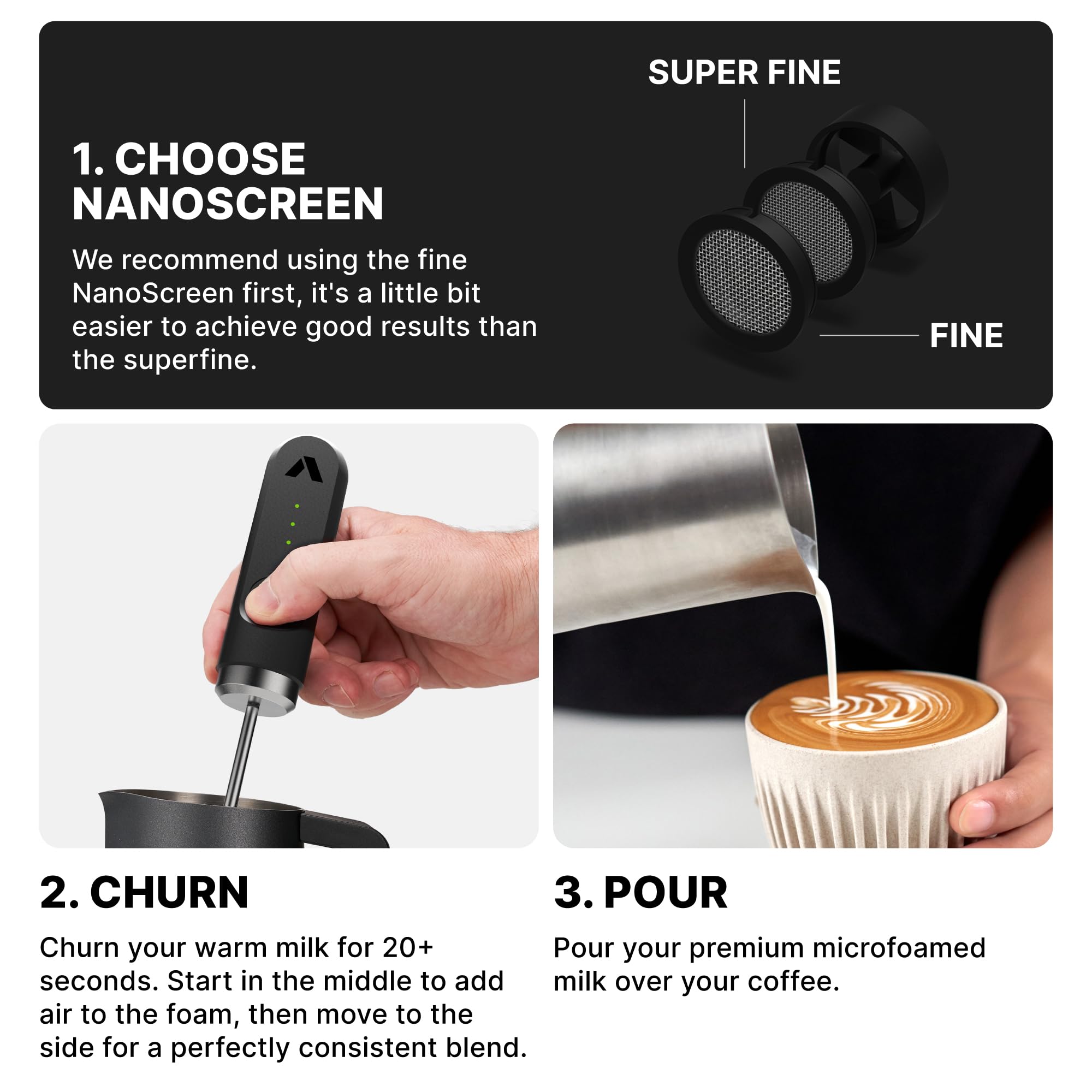 Subminimal NanoFoamer nanoscreen detached highlighting versatility for mixing
