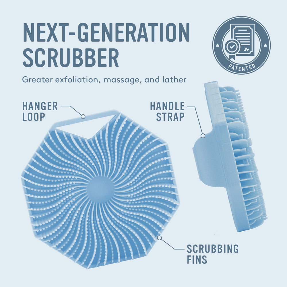 Sud Scrub next to ruler for scale showing compact size and travel-friendly benefit