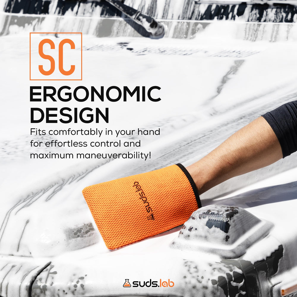 suds.lab mitt next to detailing lubricant showing recommended pairing