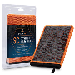 suds.lab front view of mitt showing packaging and product benefits
