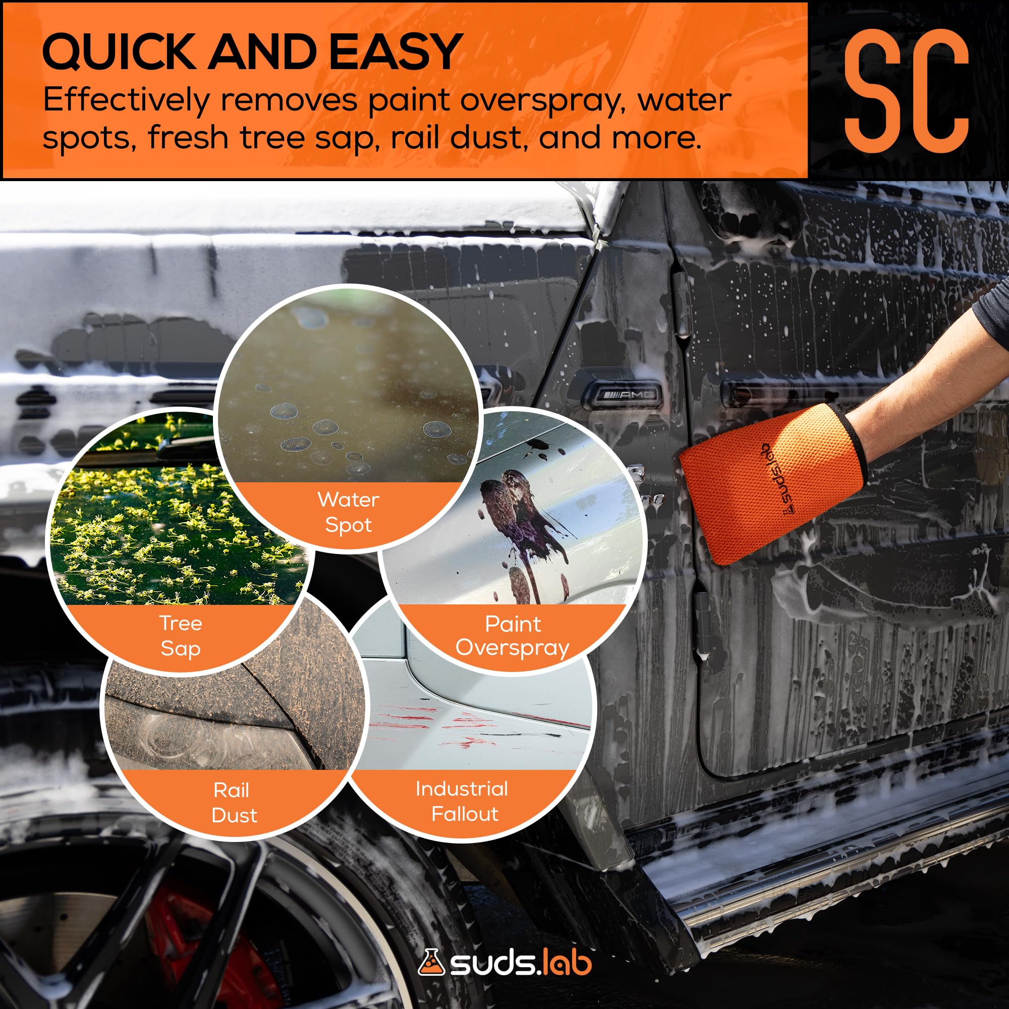 suds.lab mitt in use on car door panel demonstrating fast decontamination