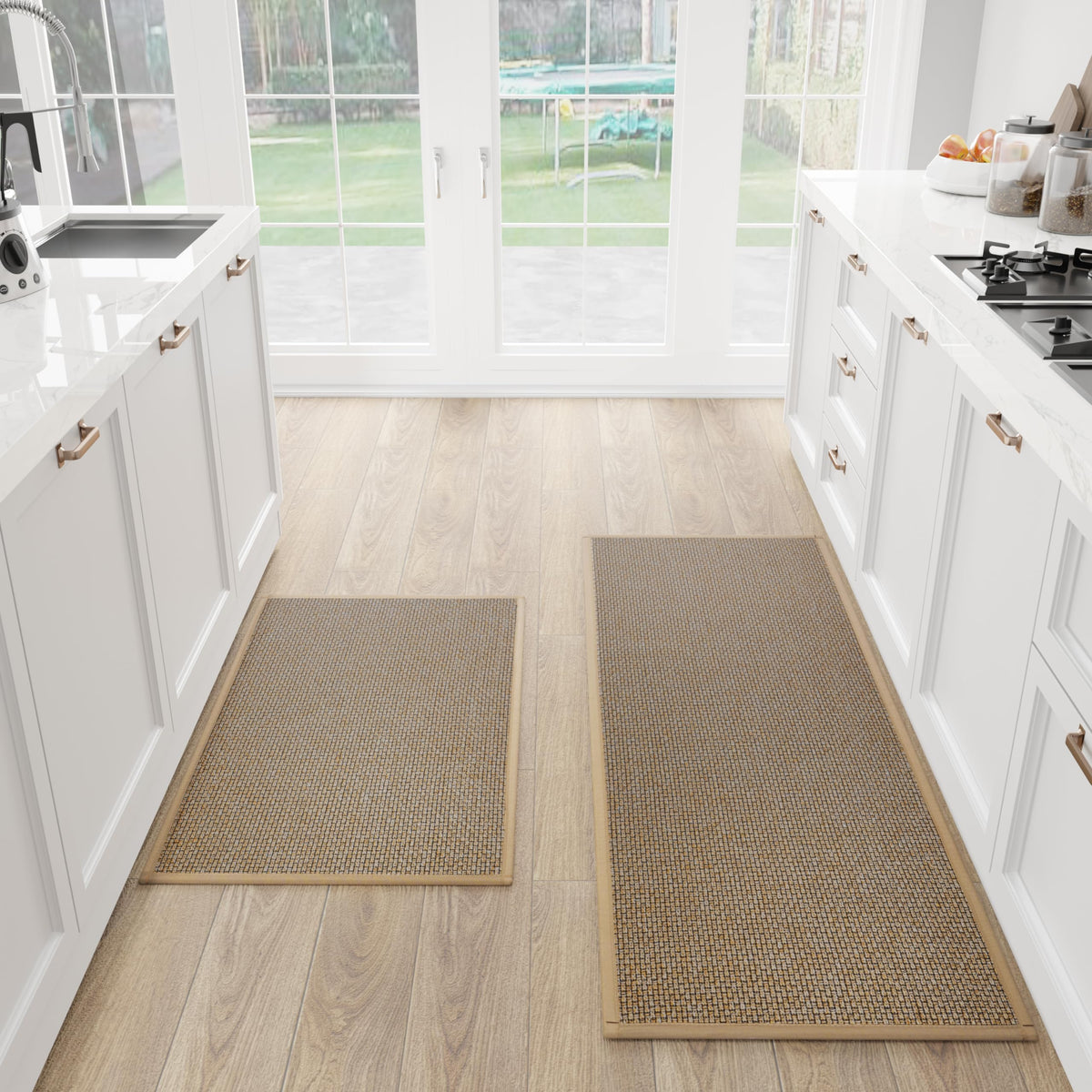 SUMLANS front view of brown 2-piece kitchen mat set protecting floor