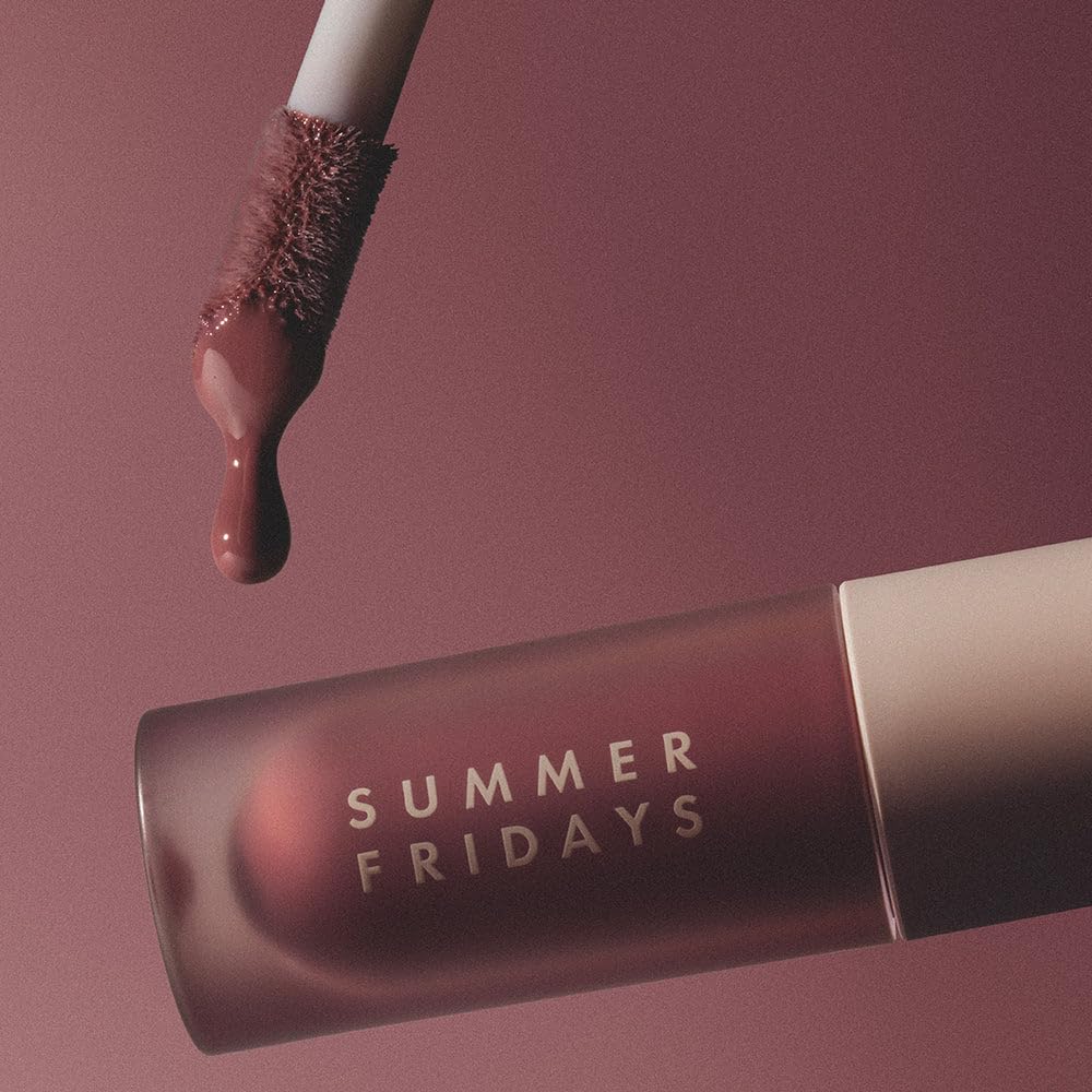 Summer Fridays model wearing lip oil showing natural glossy, hydrated look