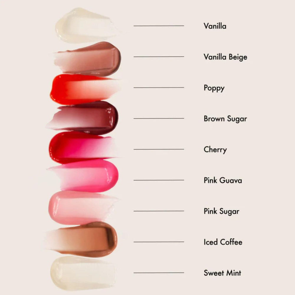Summer Fridays layered over lipstick showing clear gloss and color-enhancing effect