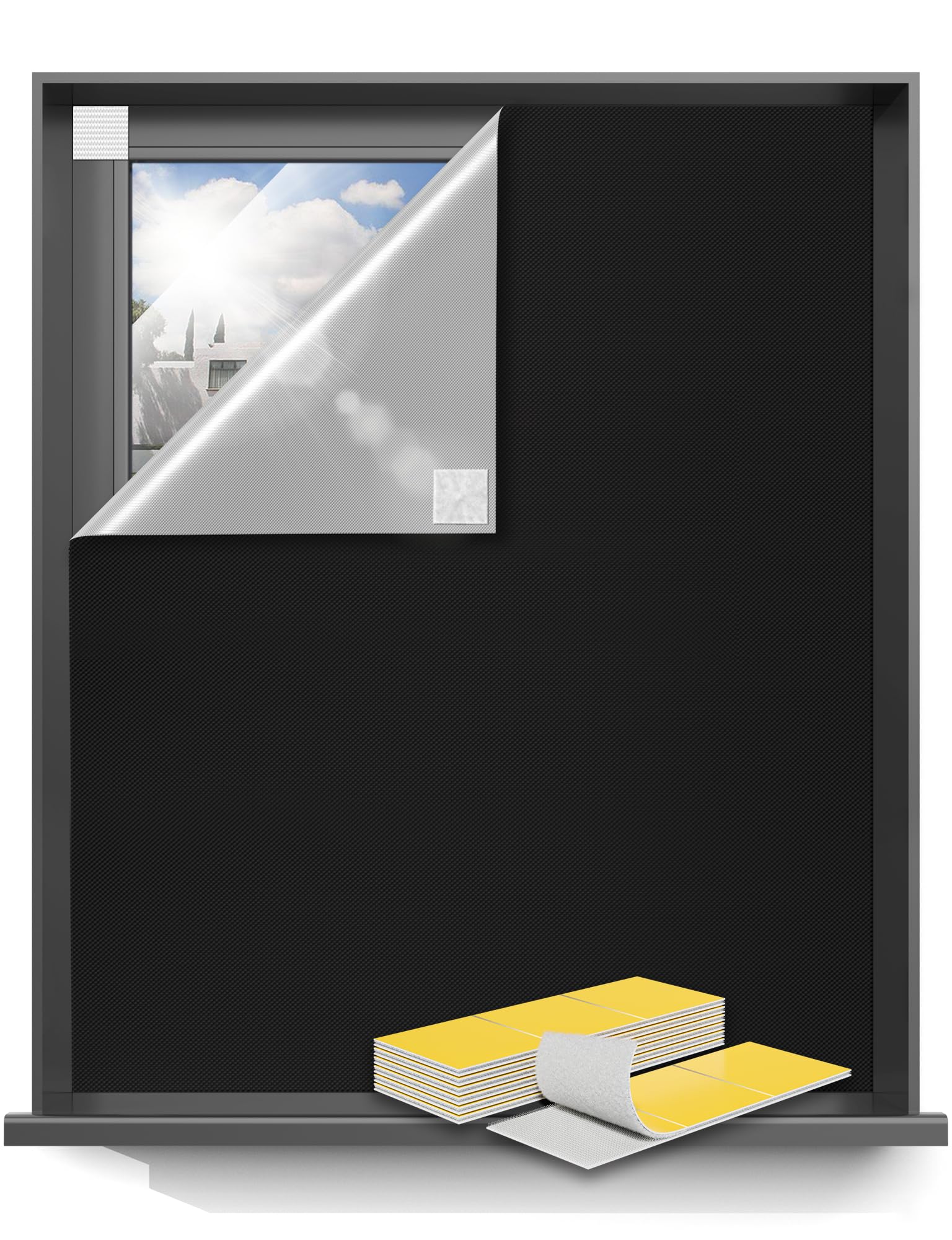 Sumobaby front view packaged blackout curtain showing compact, portable design and dark finish