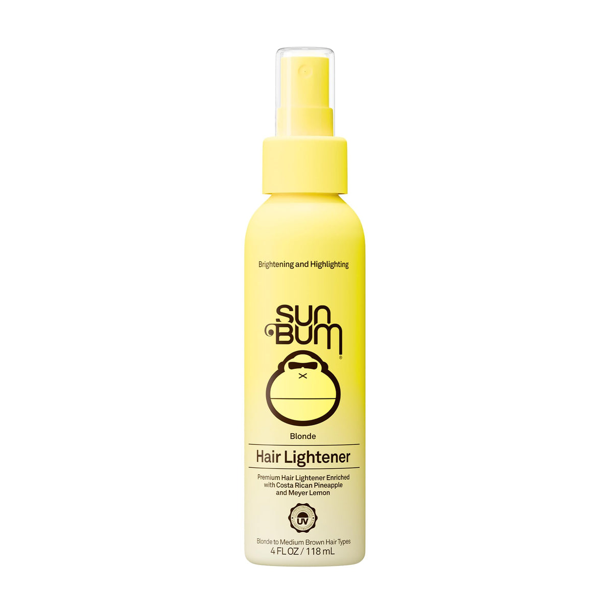Sun Bum front packaging of 4 oz Blonde Hair Lightener spray showing product benefits