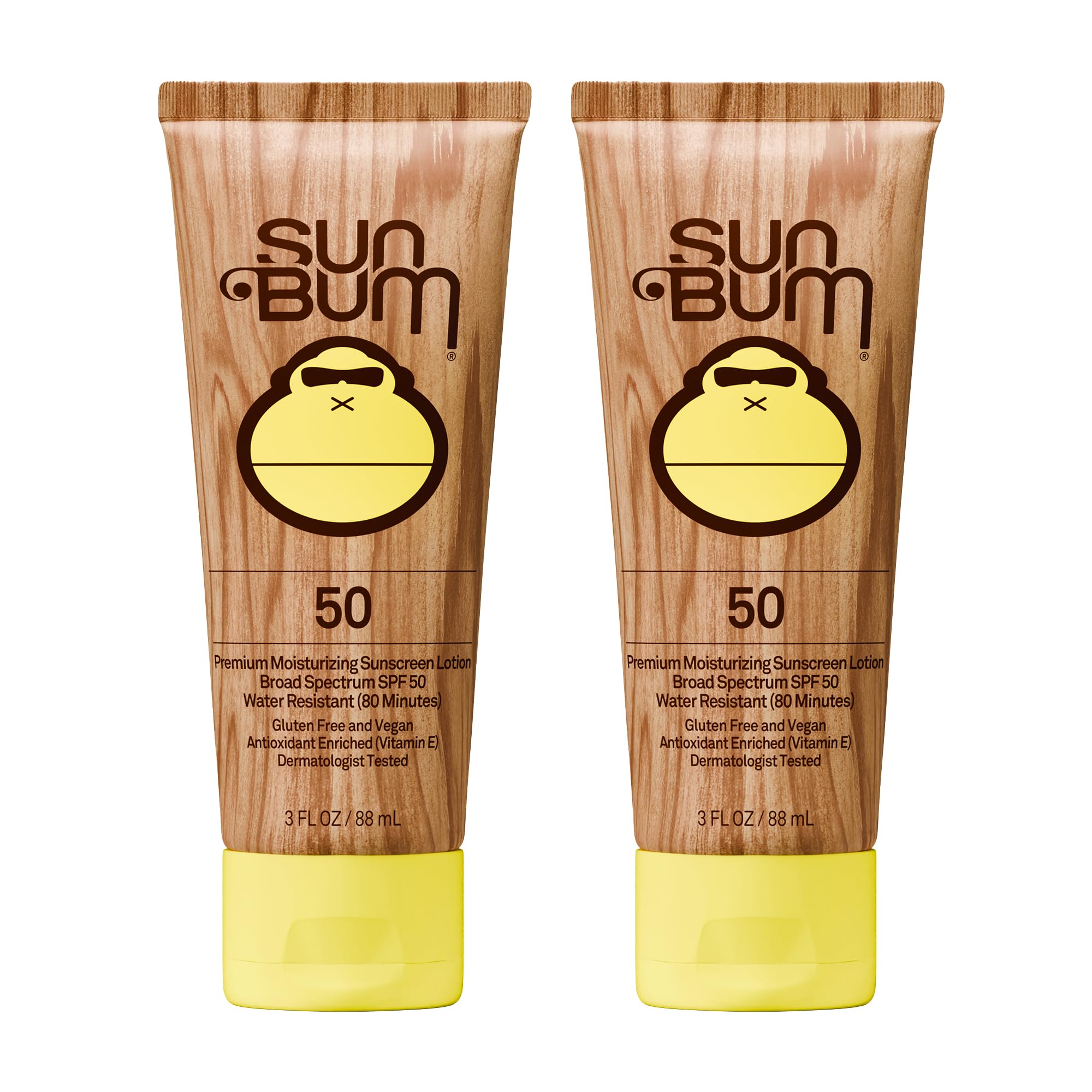 Sun Bum front packaging showing SPF 50 and travel-friendly two-pack benefit