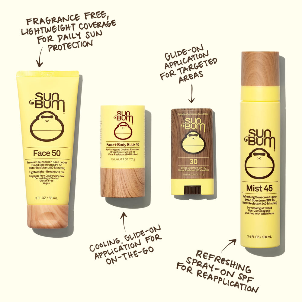 Sun Bum stick applied to cheek demonstrating quick facial coverage