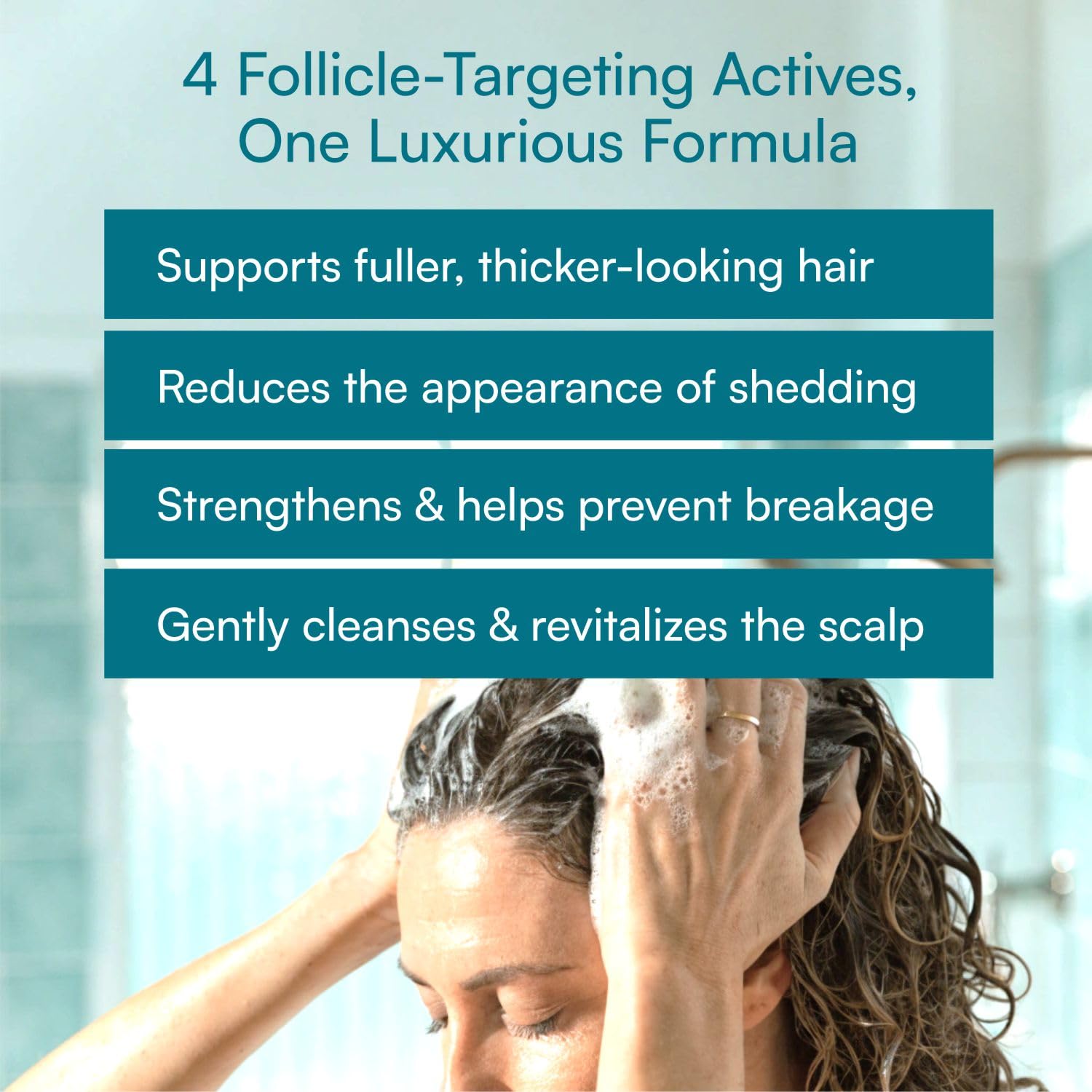 Sun Coast Sciences RejuvaLush in-shower use showing scalp massage benefit