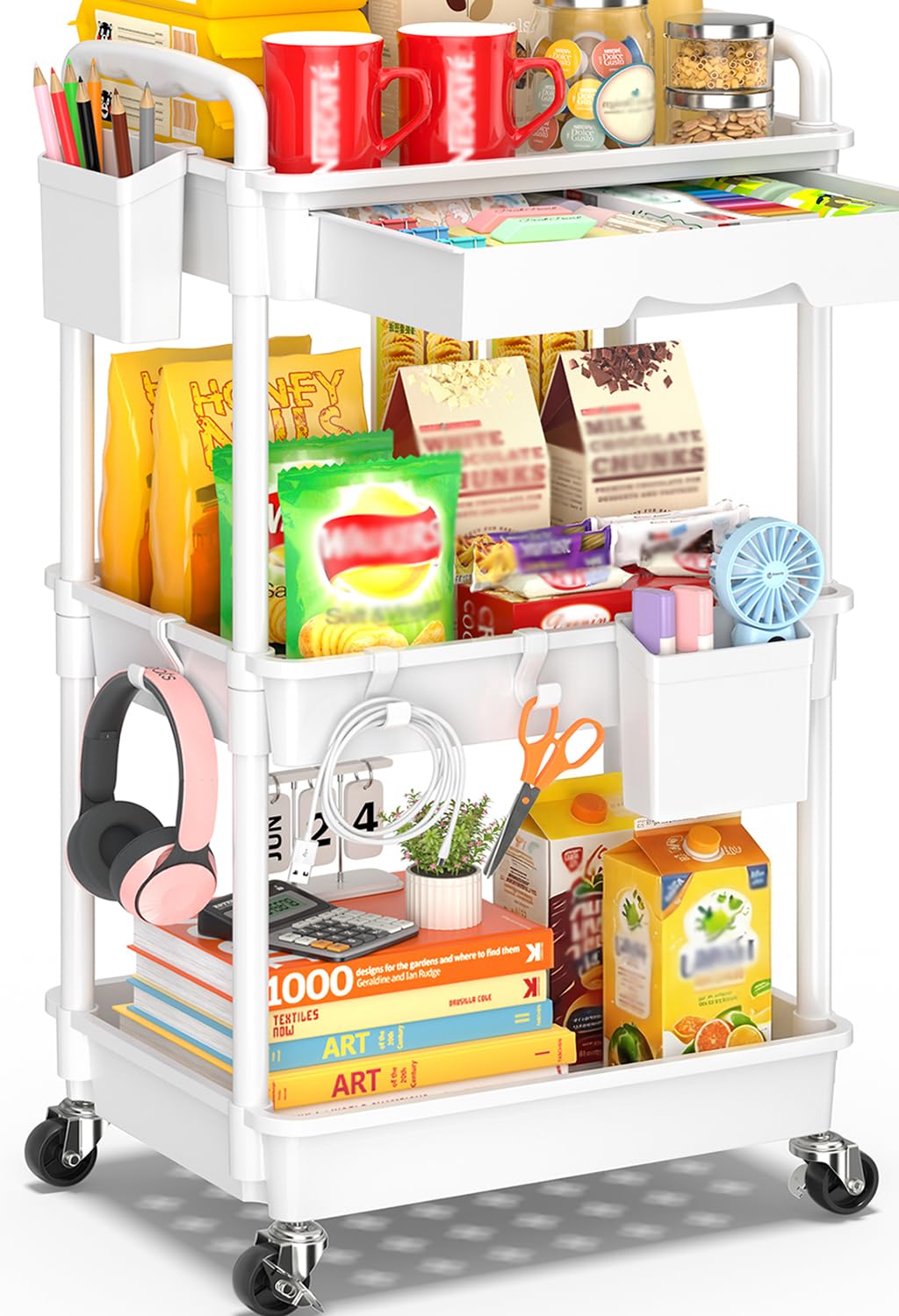 SUNALLY front view of white 3-tier cart showing tidy storage and easy access