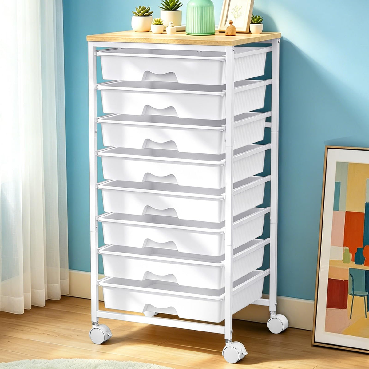SUNALLY front view of white 8-drawer cart showing organized storage and mobility benefit