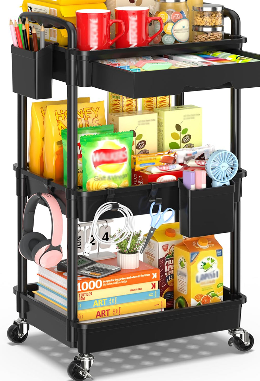 SUNALLY front view of 3-tier rolling cart showing organized storage and tidy design