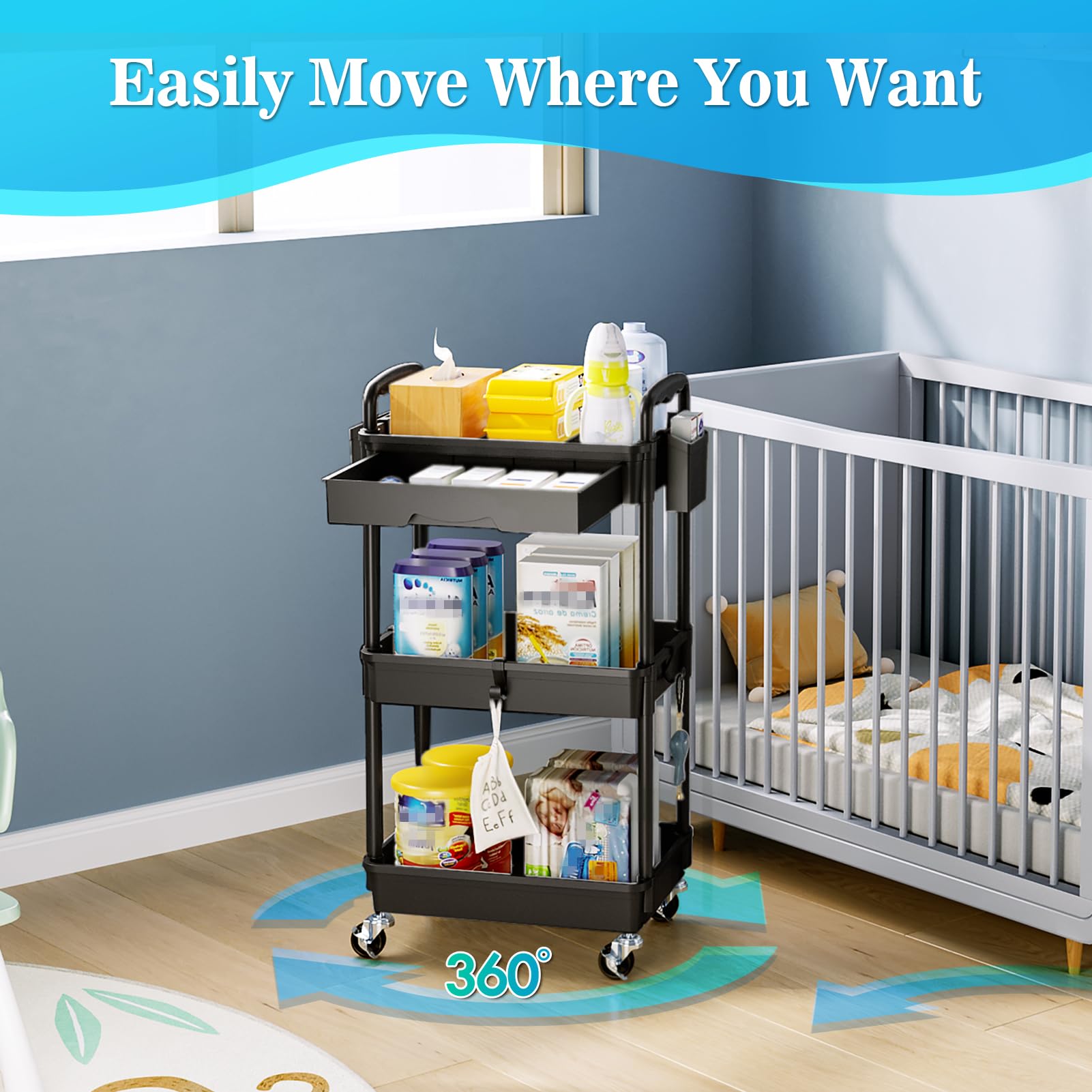 SUNALLY black rolling cart staged in a kitchen offering compact countertop organization