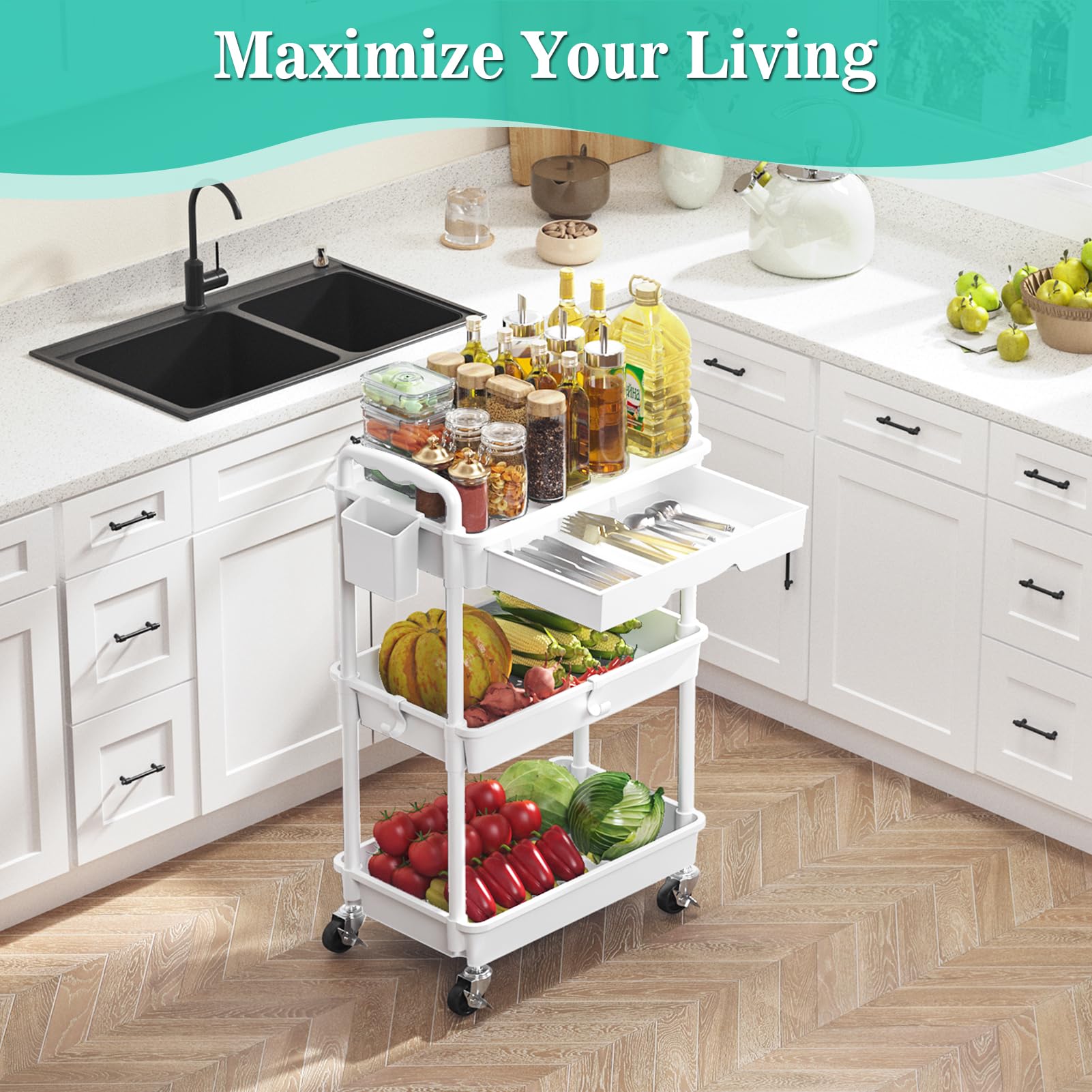 SUNALLY cart in bathroom setting showing space-saving organized lifestyle