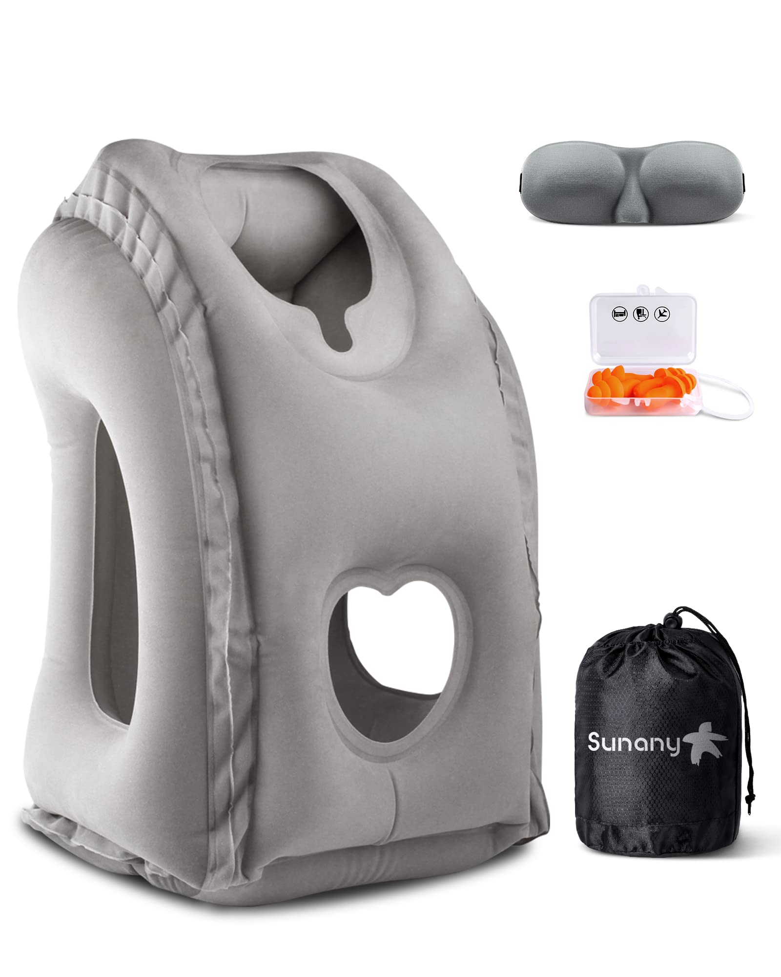 Sunany front view of gray inflatable travel pillow showing shape and color for comfortable support