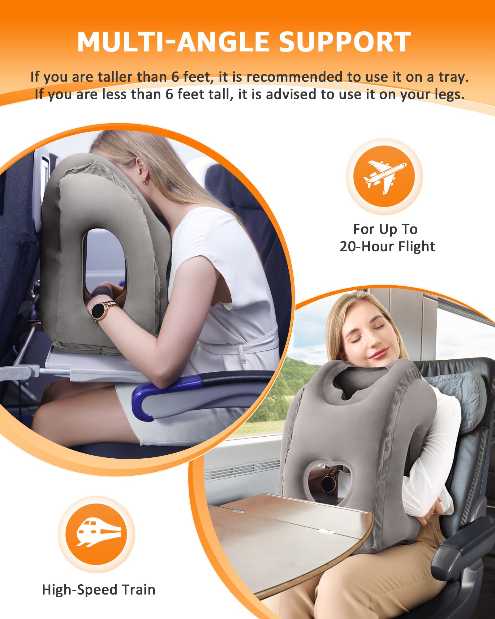 Sunany inflated neck pillow in airplane seat delivering stable head support during travel