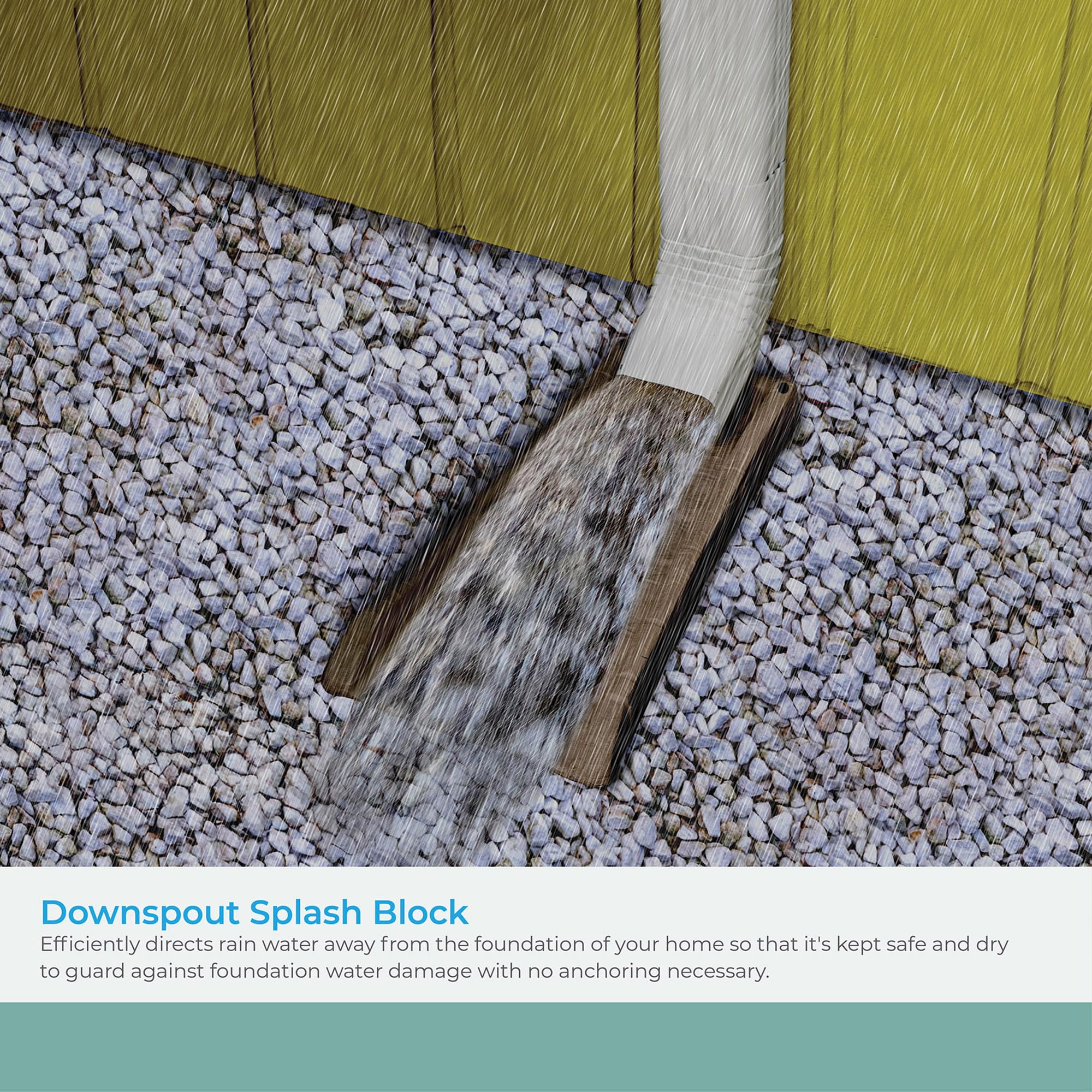 Suncast splash block installed under downspout directing water away to protect foundation