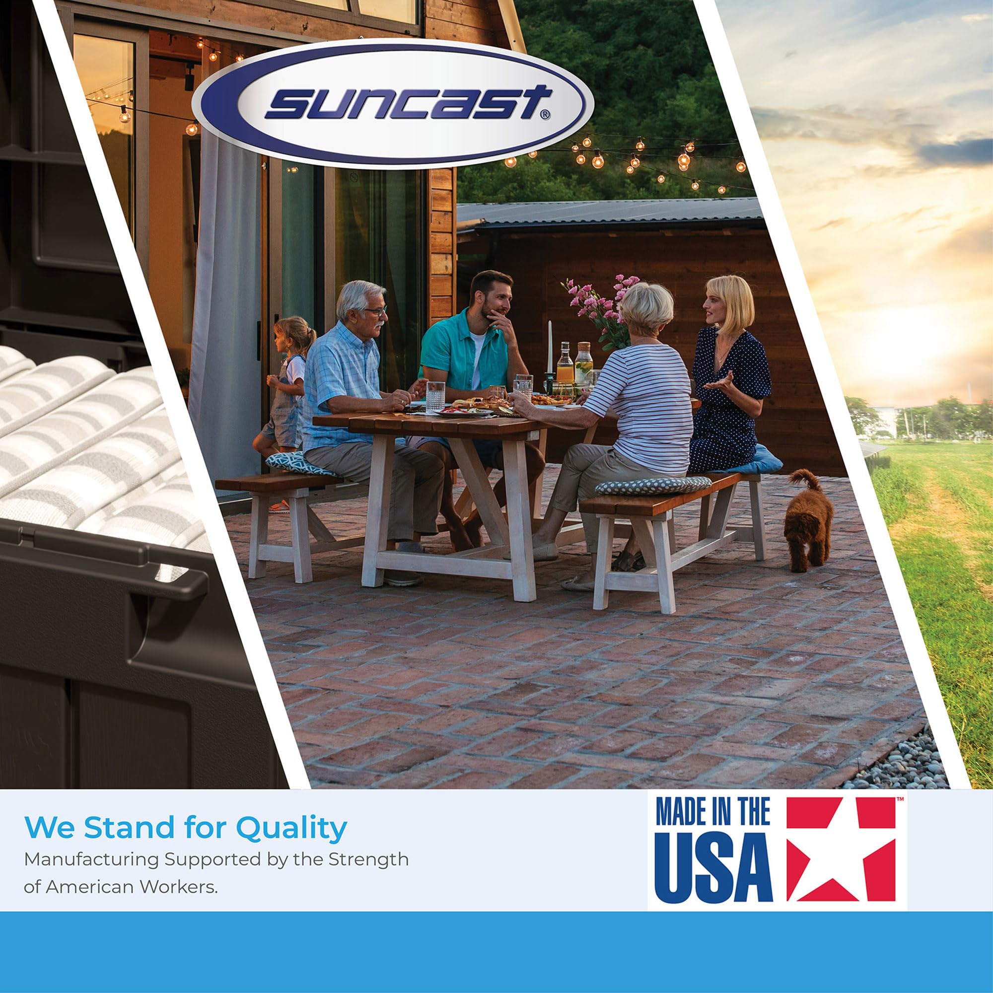 Suncast packaged product with label showing model and installation simplicity