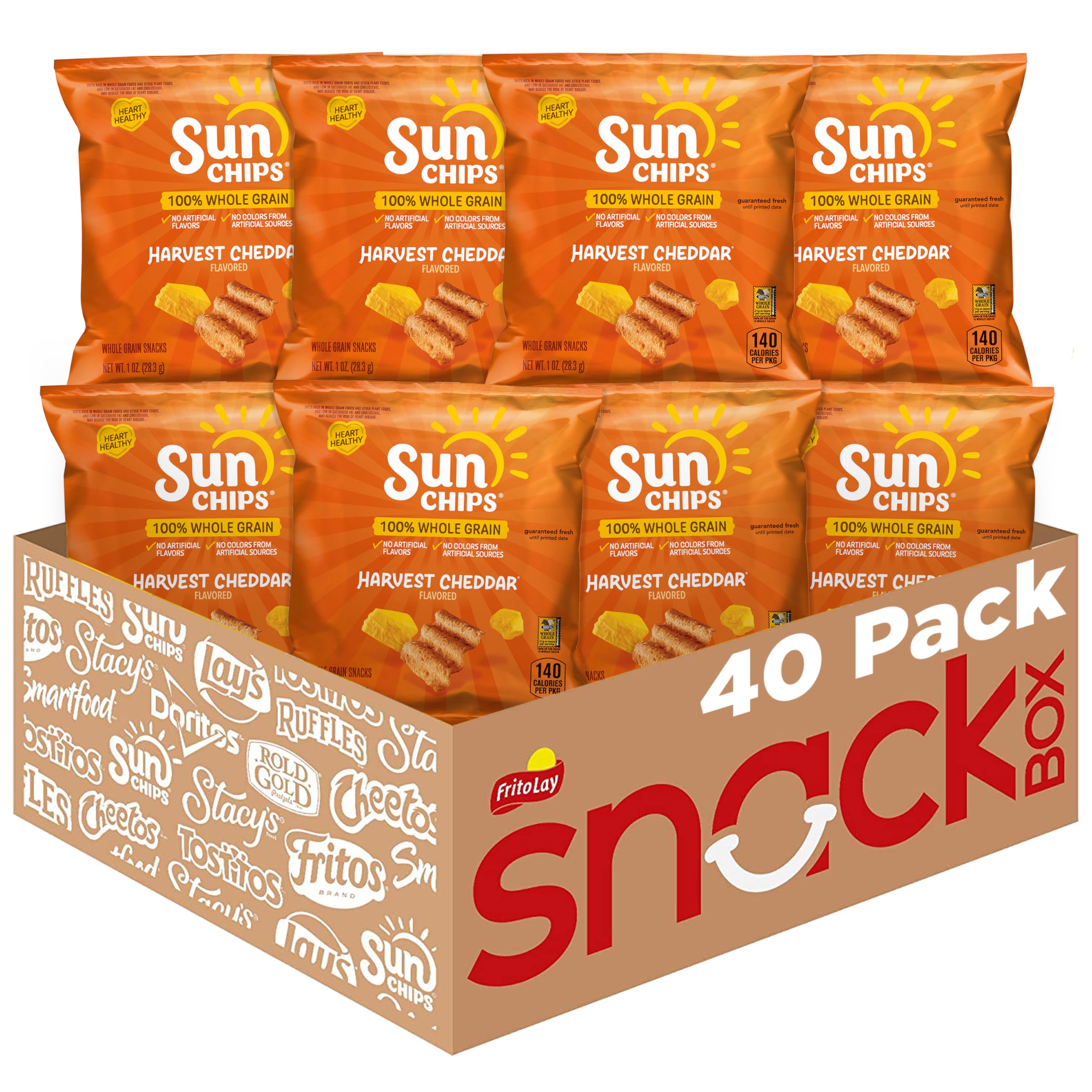 Sunchips front packaging showing Harvest Cheddar and whole grain benefit