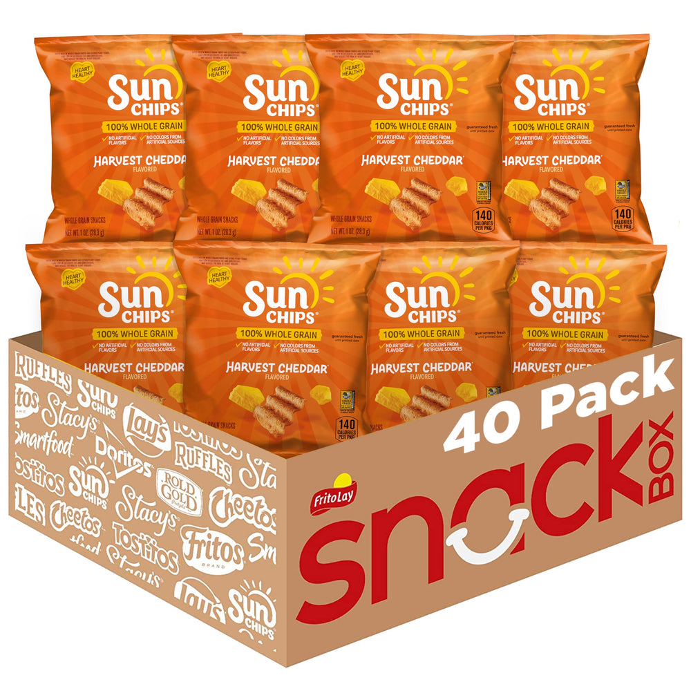 Sunchips front packaging showing Harvest Cheddar and whole grain benefit