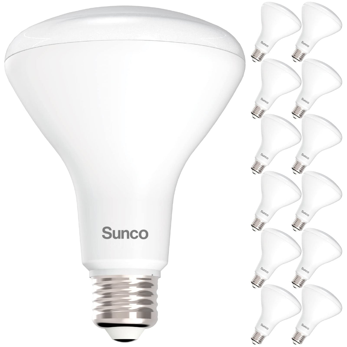 Sunco BR30 front packaging showing 12-pack and warm white benefit