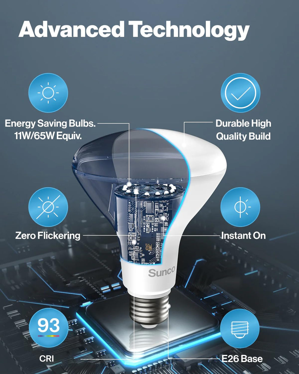 Sunco BR30 label with wattage and UL certification for reliability