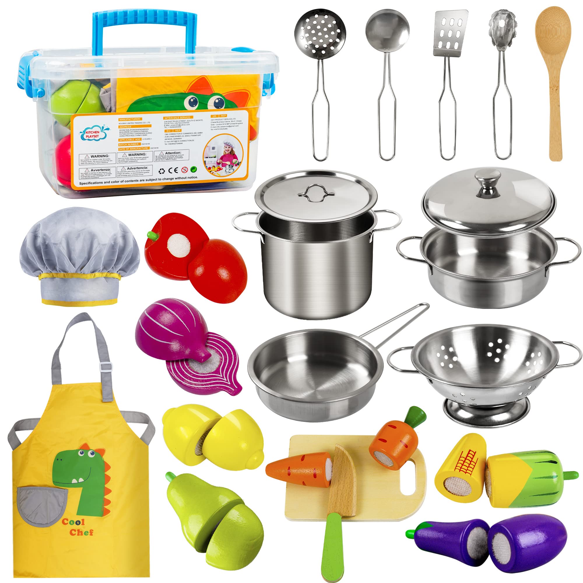 Sundaymot front packaging showing full 23-piece kitchen set and educational play benefits