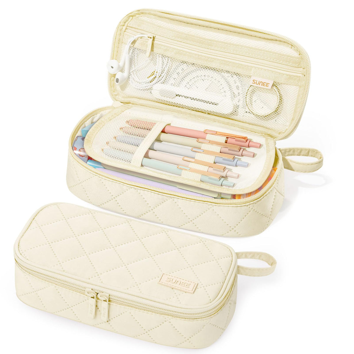 SUNEE cream pencil case front view showing neat storage benefit