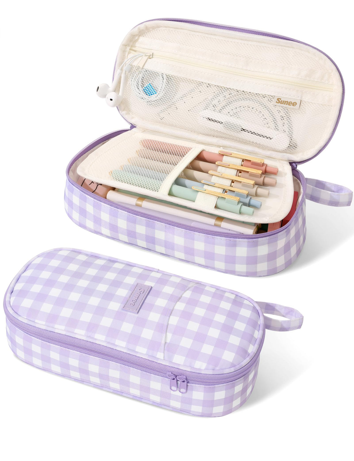 SUNEE front view of purple checkered pencil case showing pattern and shape for stylish storage
