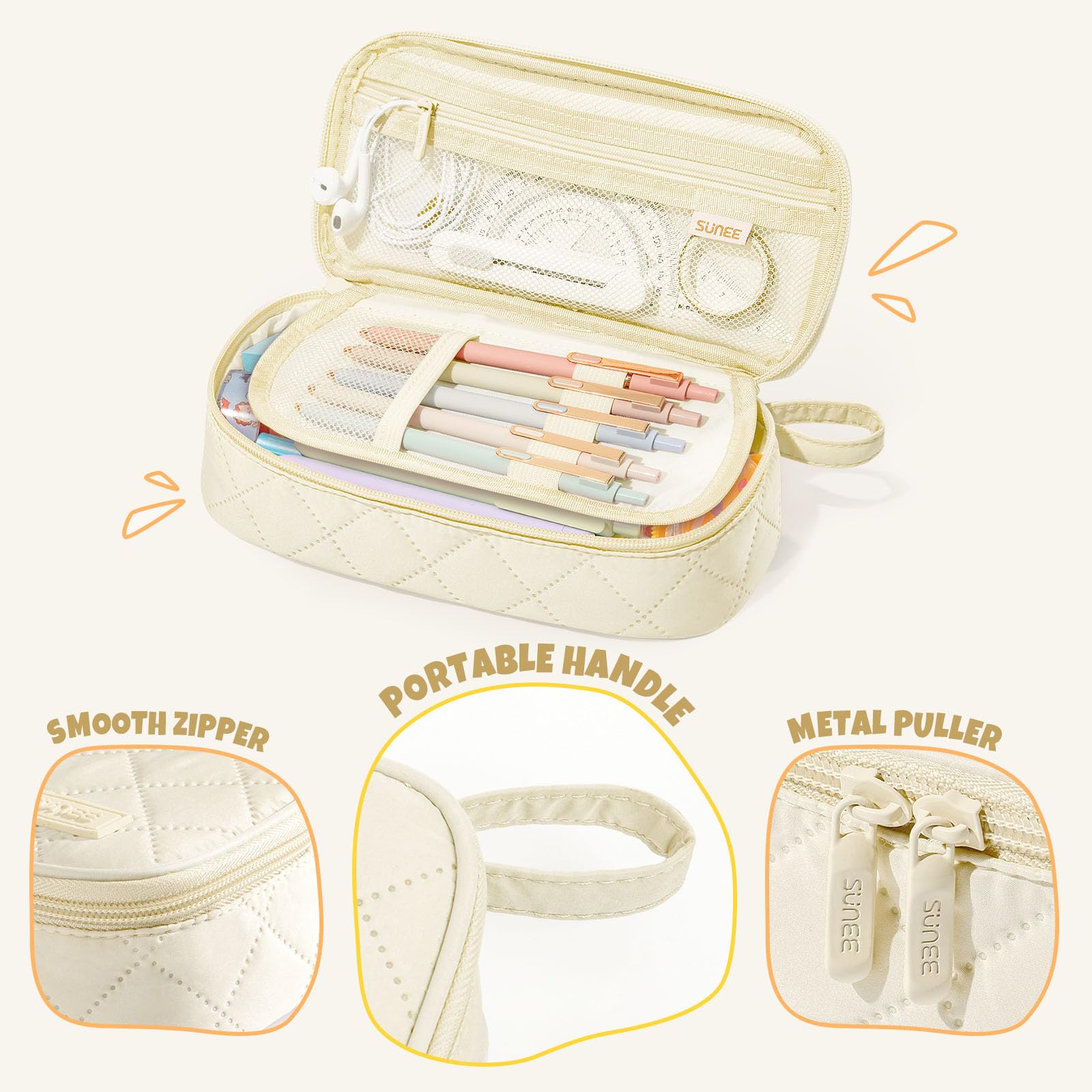 SUNEE handle and zipper close-up illustrating comfortable carry and secure closure