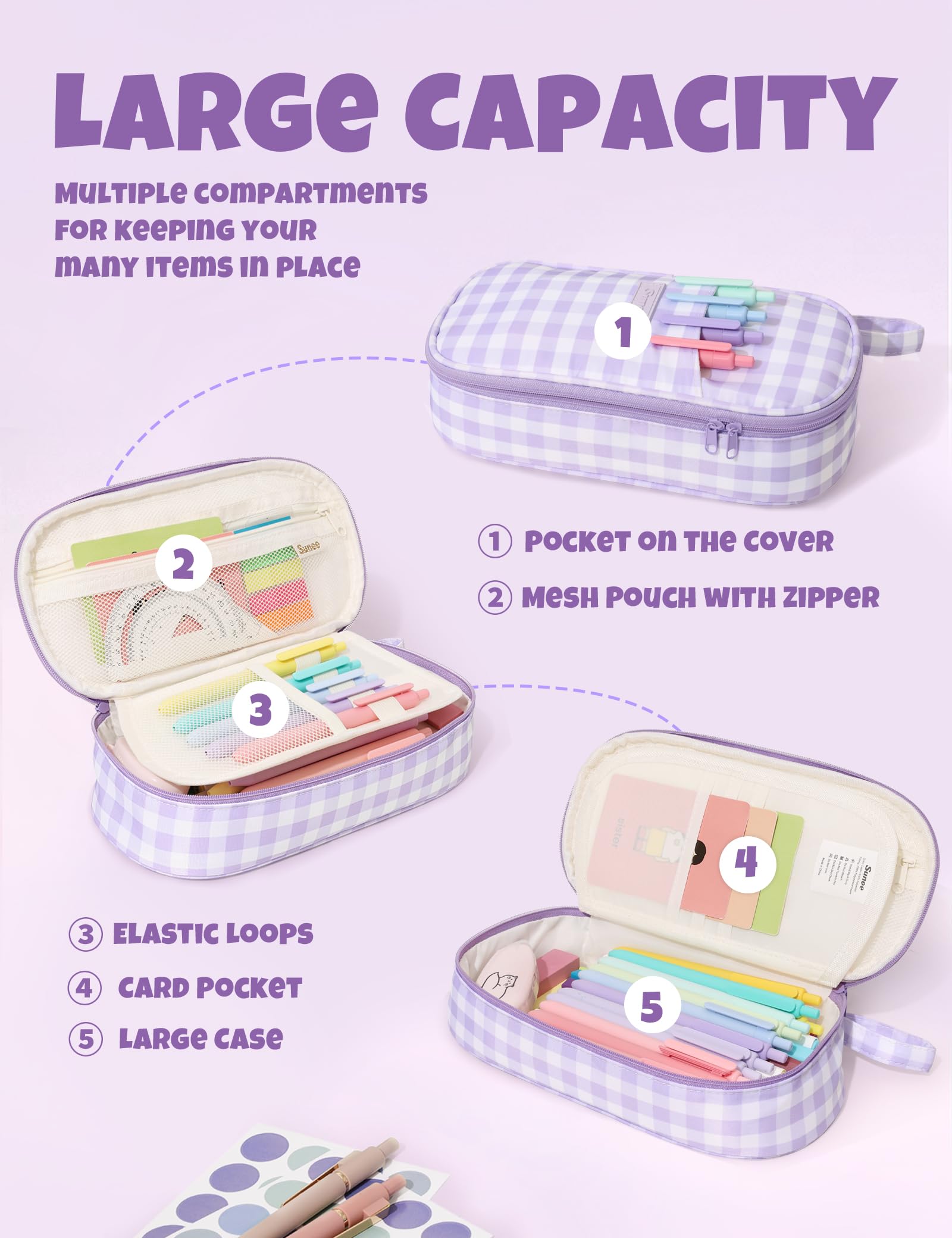 SUNEE open pencil pouch displaying large interior capacity for many pens and pencils