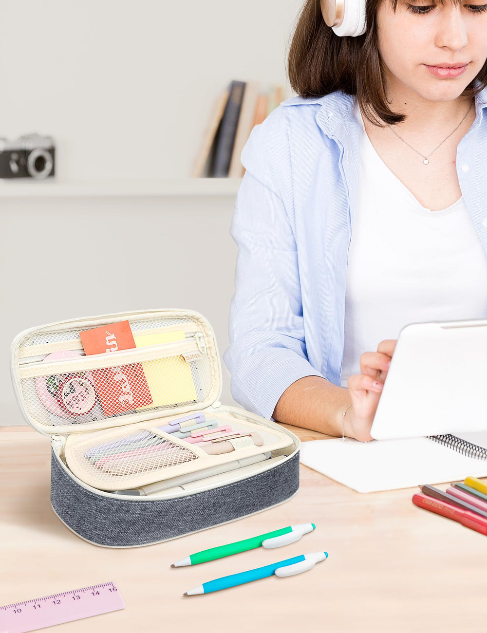 SUNEE on desk with supplies showing stylish organization and readiness