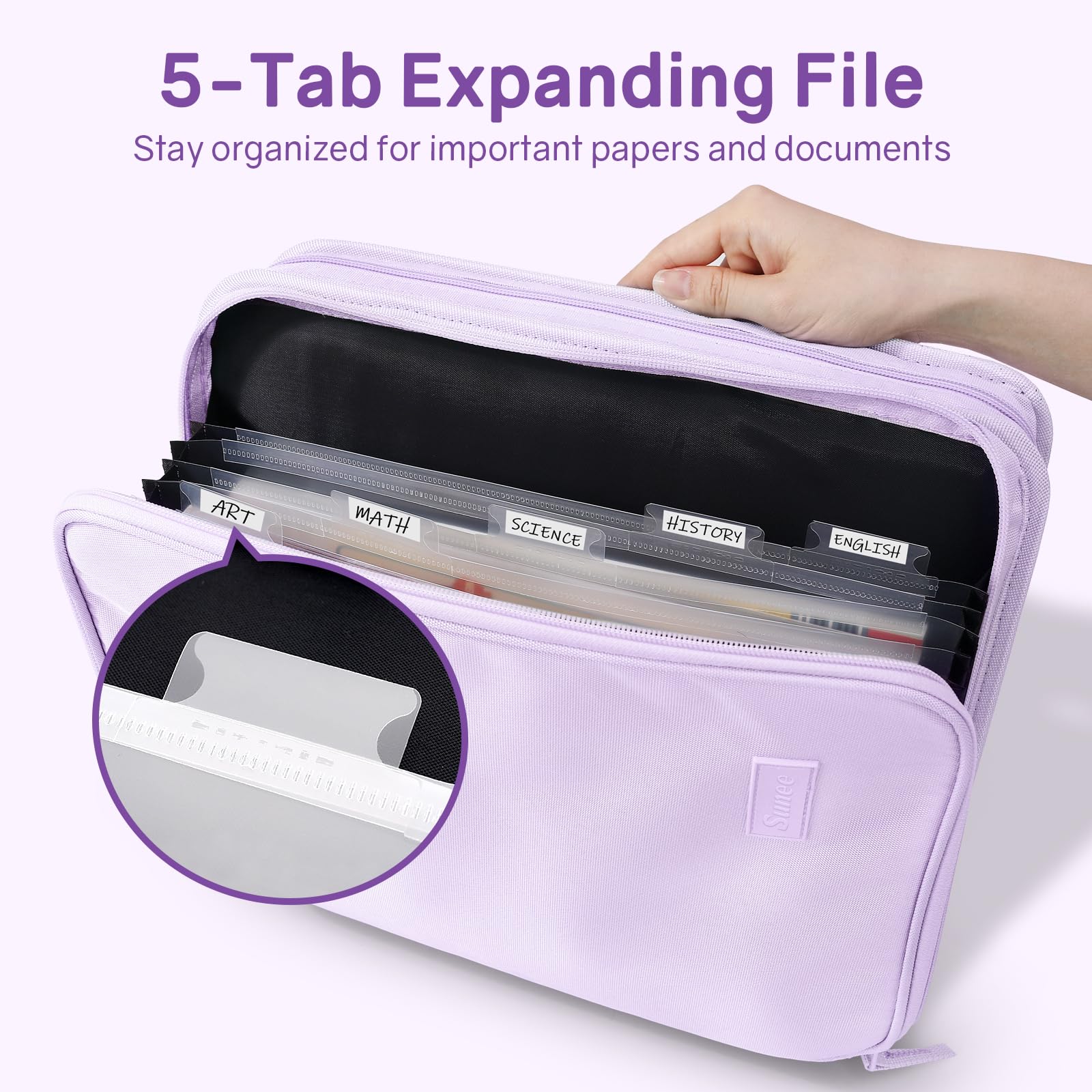 SUNEE open binder interior with dividers and expanding file for organized storage