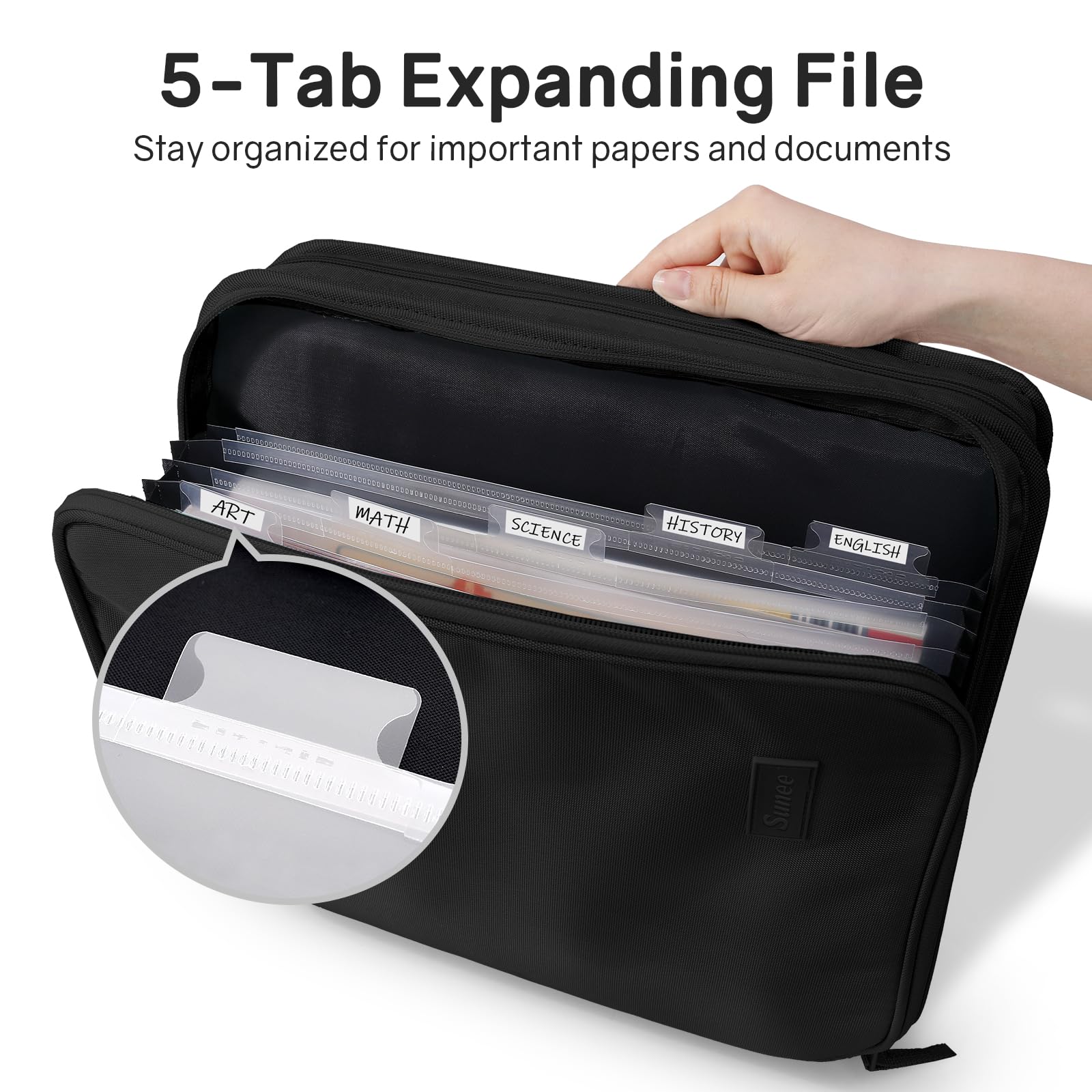 SUNEE open binder interior showing 5 tabbed folders and organized documents