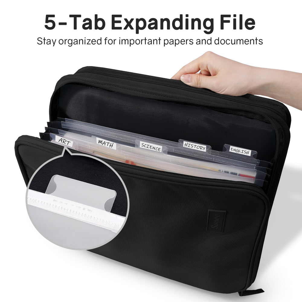 SUNEE open binder interior showing 5 tabbed folders and organized documents