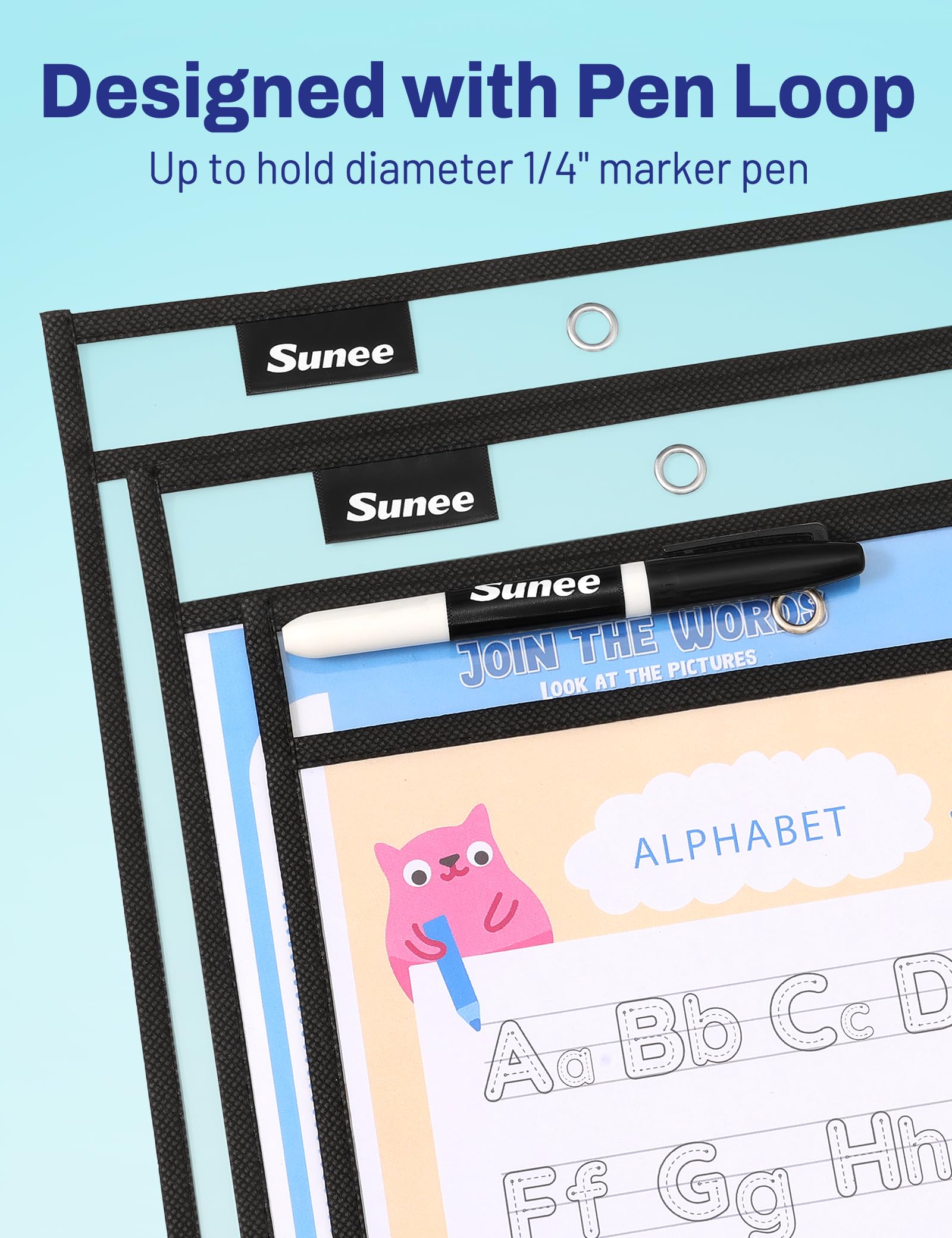 SUNEE pocket with worksheet insert illustrating easy paper insertion and reuse