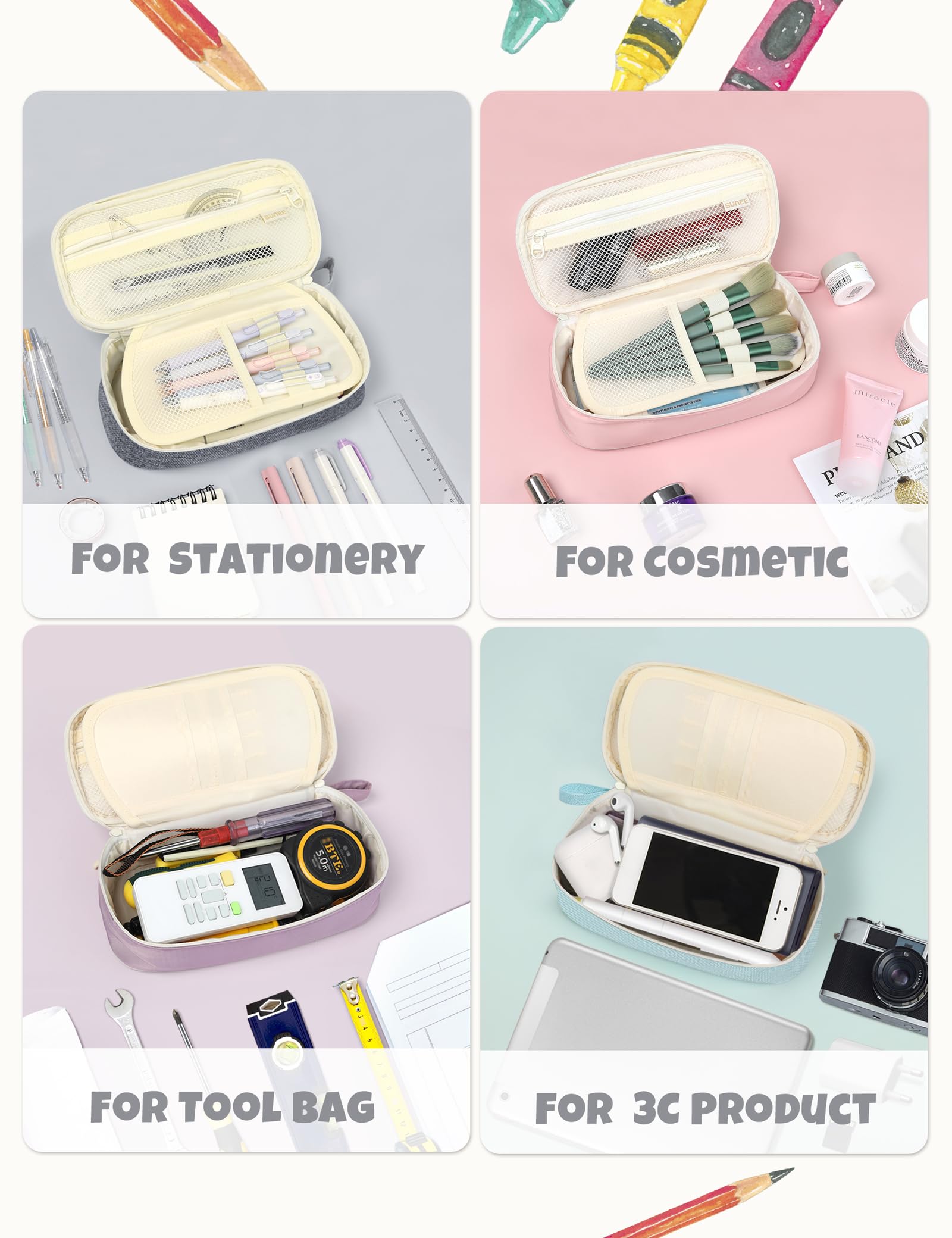 SUNEE pencil case beside notebook showing size and practical scale