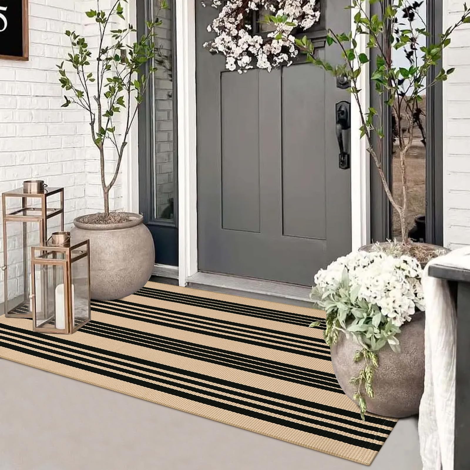 Sungea front view of striped mat showing welcoming entry benefit
