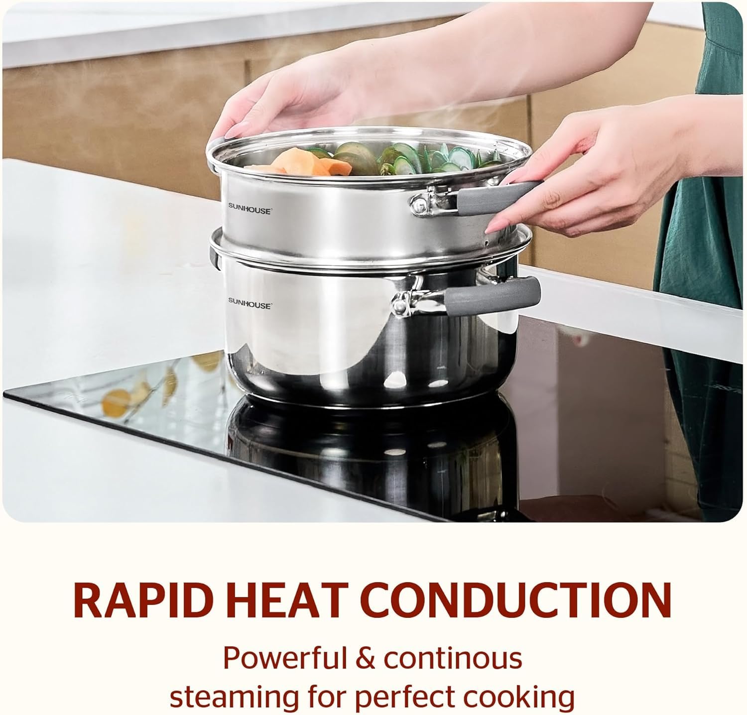 Sunhouse steamer in use on stovetop steaming vegetables for healthy meals