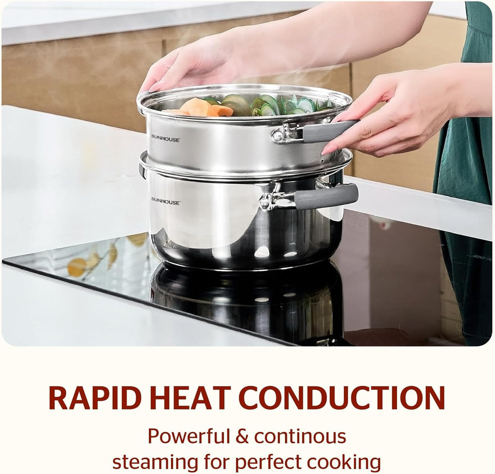 Sunhouse steamer in use on stovetop steaming vegetables for healthy meals