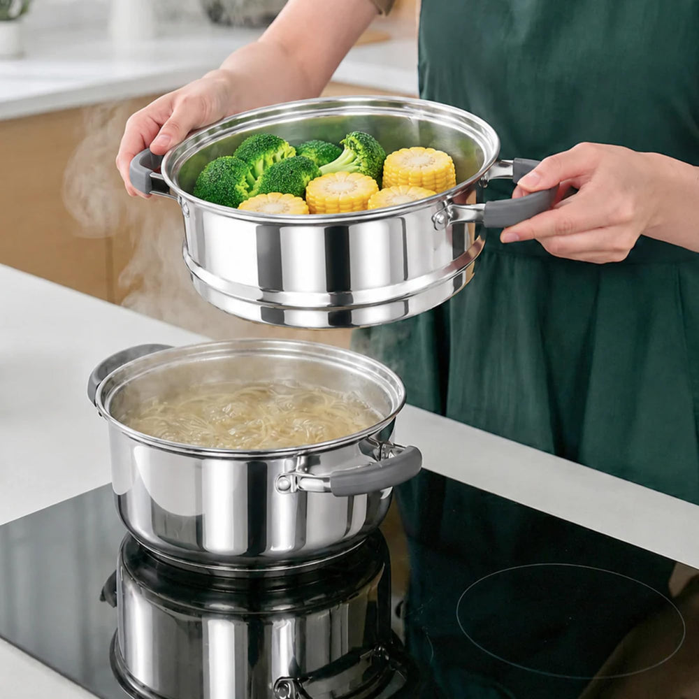 Sunhouse assembled two-tier steamer demonstrating multi-level cooking efficiency