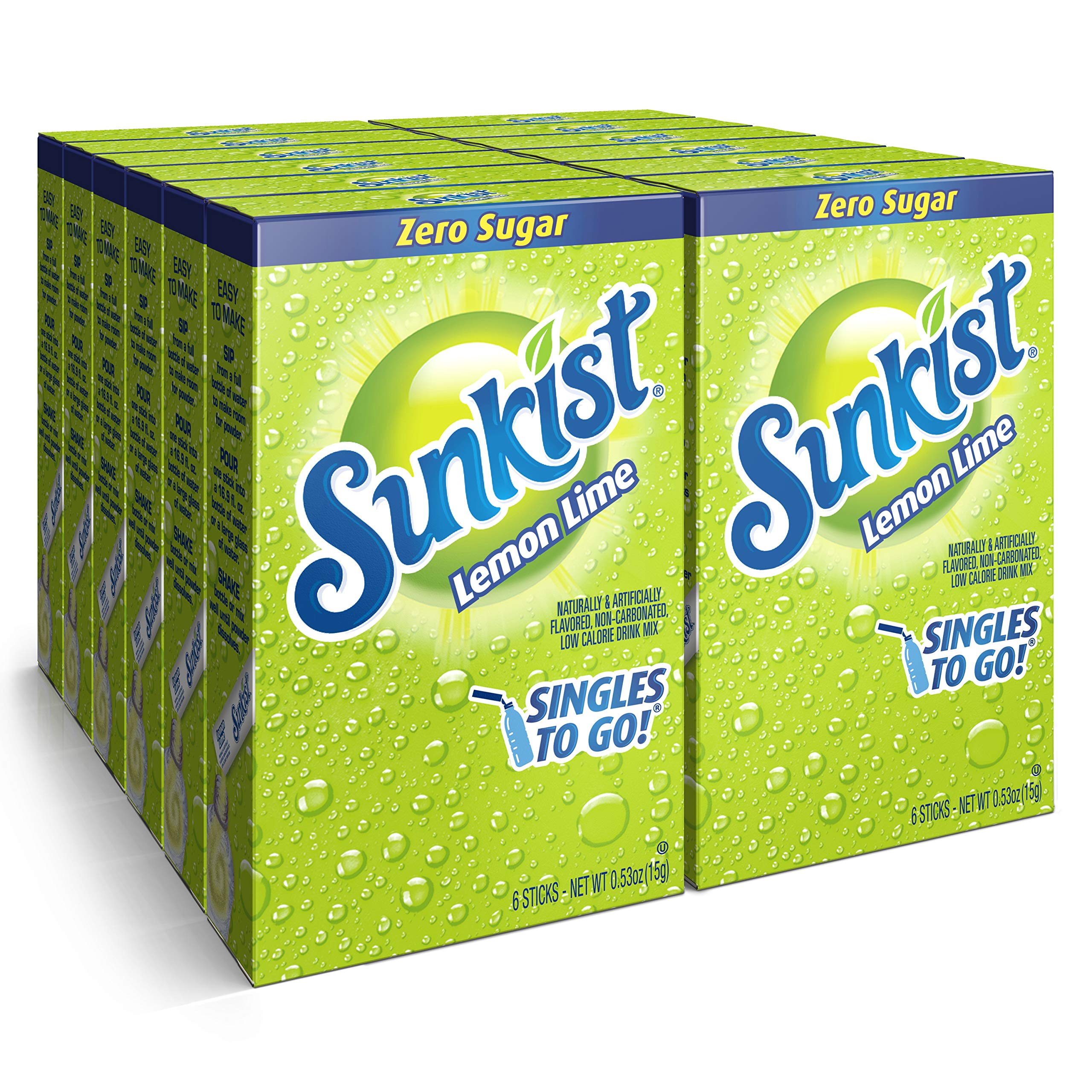 SINGLES TO GO! Sunkist front packaging showing 72 Lemon Lime packets and convenience